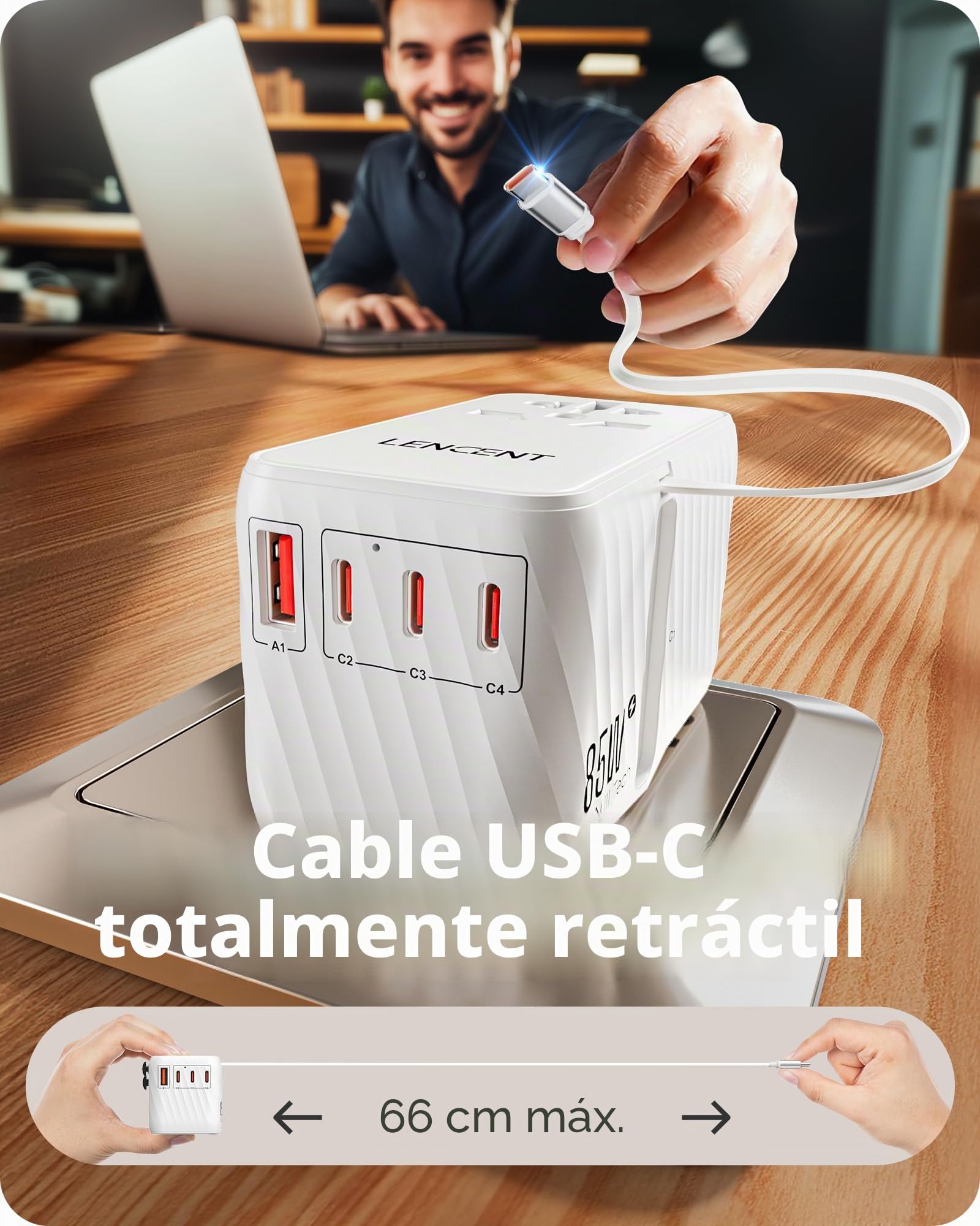 LENCENT Adaptador Universal 85W con Cable Retráctil USB C | Enchufe Internacional Tecnología GAN 3 Puertos Tipo-C y USB-A para Carga Rápida, Cargador Viaje para EU a UK, AUS, US, Blanco