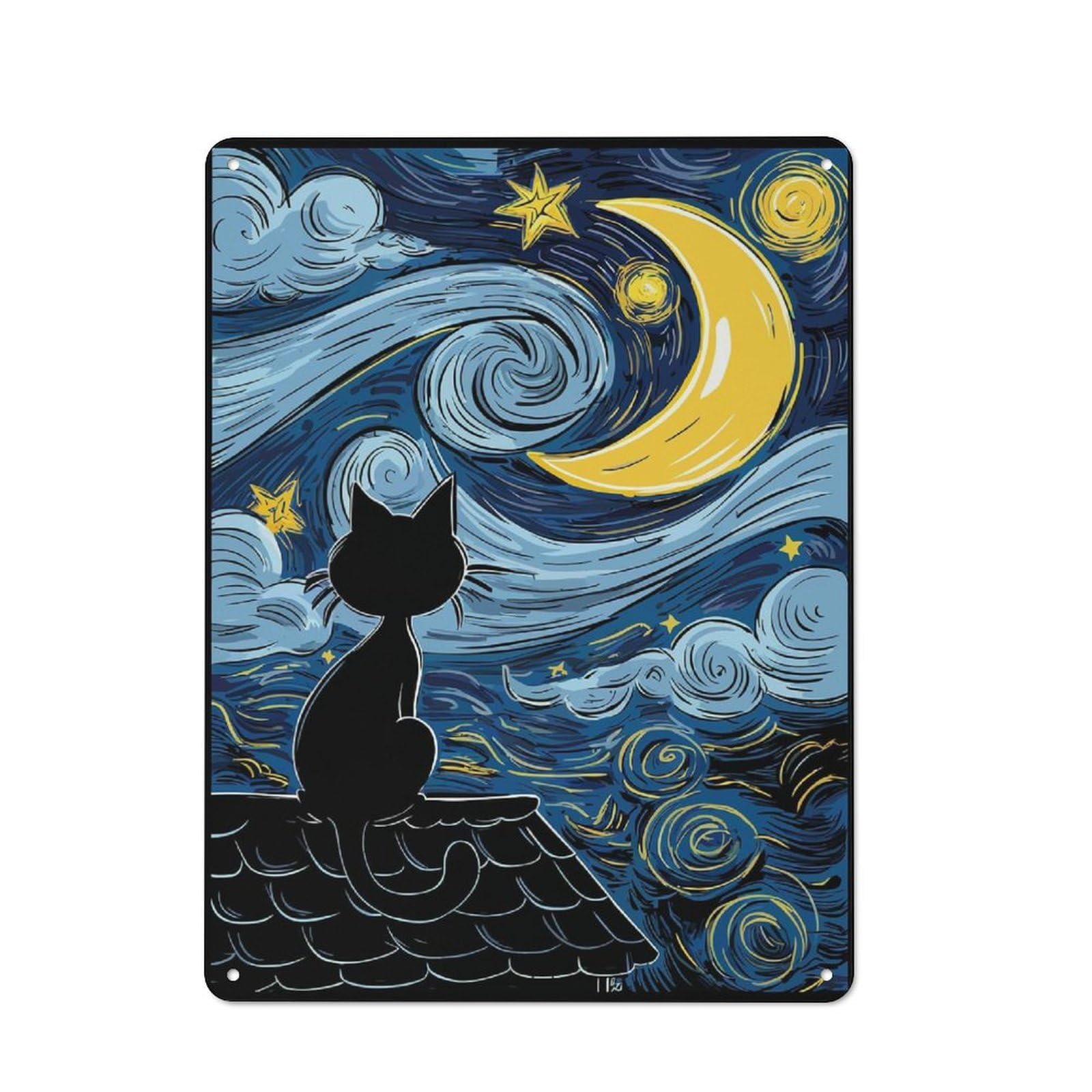 Junmoney Cat Under Starry Night Friendly Metal Wall Decor 40X30cm, Decorative Metal Plaque For Tea Room, Shop Wall Or Breakfast Area