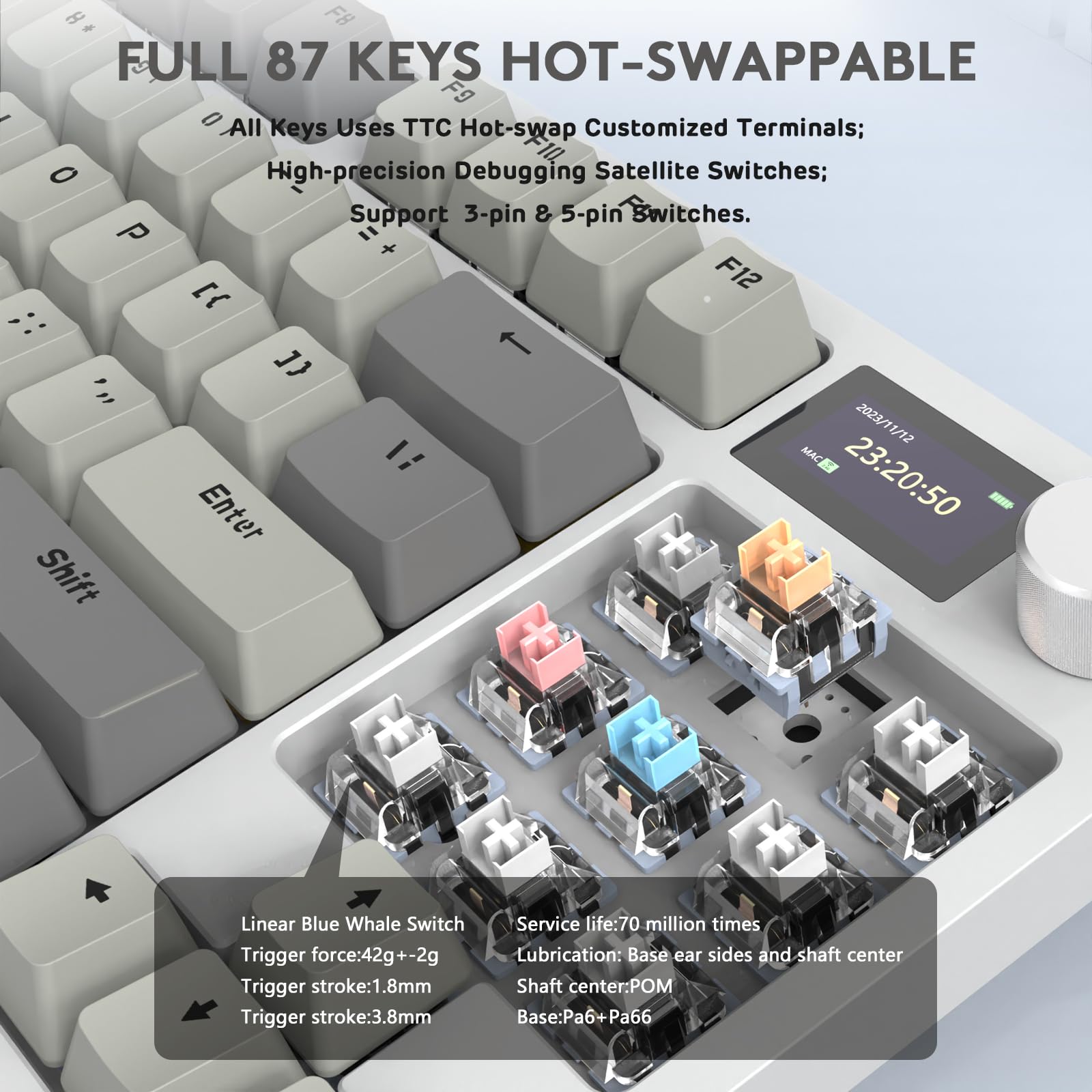 ATTACK SHARK K86 Teclado Mecánico Wireless 75%, Teclado para Juegos Tri-Modo con 2.4G/BT5.0/USB-C Cable, QWERTY TKL 87 Tecla, Pantalla TFT HD de 1.2' y Perilla, RGB Hot-Swap Linear Switch - Gris