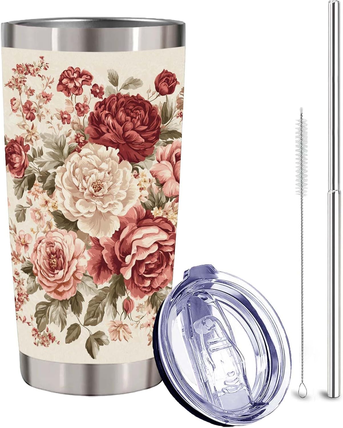 Rose Tumbler 20oz with Straw, Vintage Floral Stainless Steel Travel Cup, Pink Flower Garden Drinkware for Women, Romantic Birthday Gift for Her
