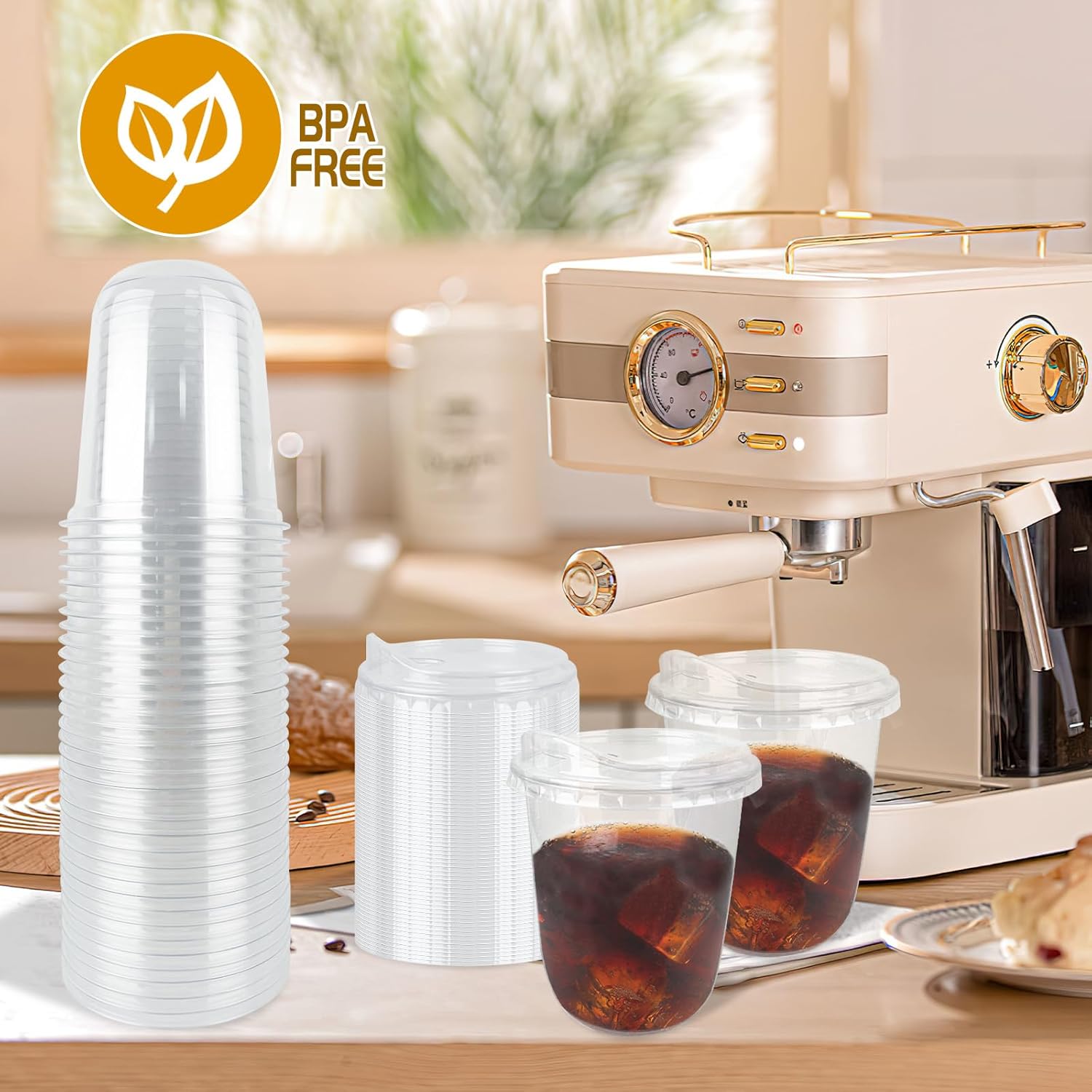 Foxtell 100 Pcs 16 Oz Clear Plastic Cups with Strawless Sip Lids Disposable Round Bottom Togo Cups for Iced Coffee Smoothie Beverage Cold Drinks Disposable Iced Coffee Cups for Party Catering BBQ