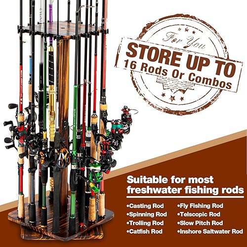 Miniatura 3 de Ghosthorn Fishing Rod Holders for Garage 360 Degree Rotating Fishing Pole Rack, Floor Stand Holds up to 16 Rods Wood Fishing Gear Equipment Storage