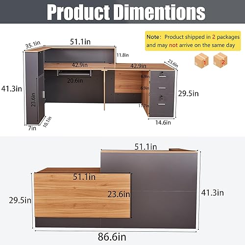 Vista 2 de Escritorio de recepción en forma de L con cajones con cerradura y armario de llenado ajustable, moderno mostrador de recepción con bandeja