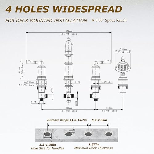 Miniatura 4 de Juego de grifo de bañera romano con ducha de mano, montaje en cubierta de 4 orificios, llenador de bañera con desviador, mango de 2 palancas,
