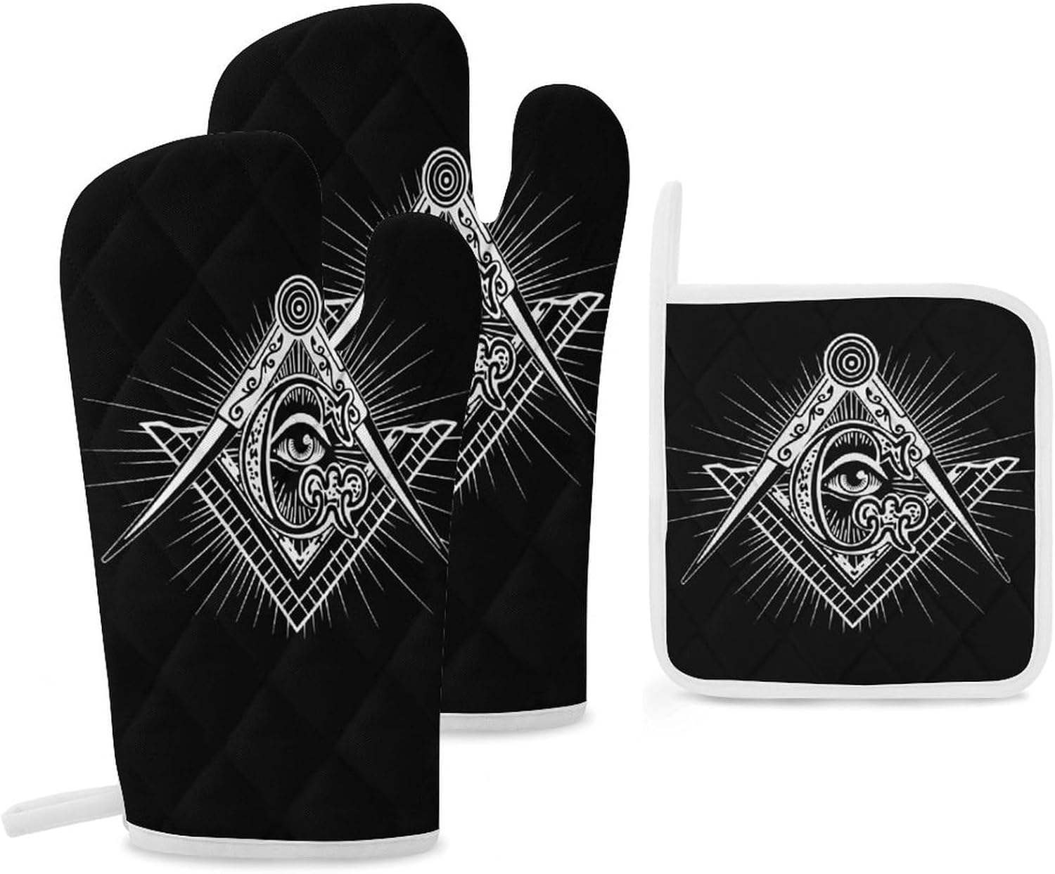 Freemasonry Masonic Masonry Print Oven Mitts and Pot Holders 3 Piece Sets Heat Resistant Gloves Hot Pads Potholders for Kitchen Baking Cooking