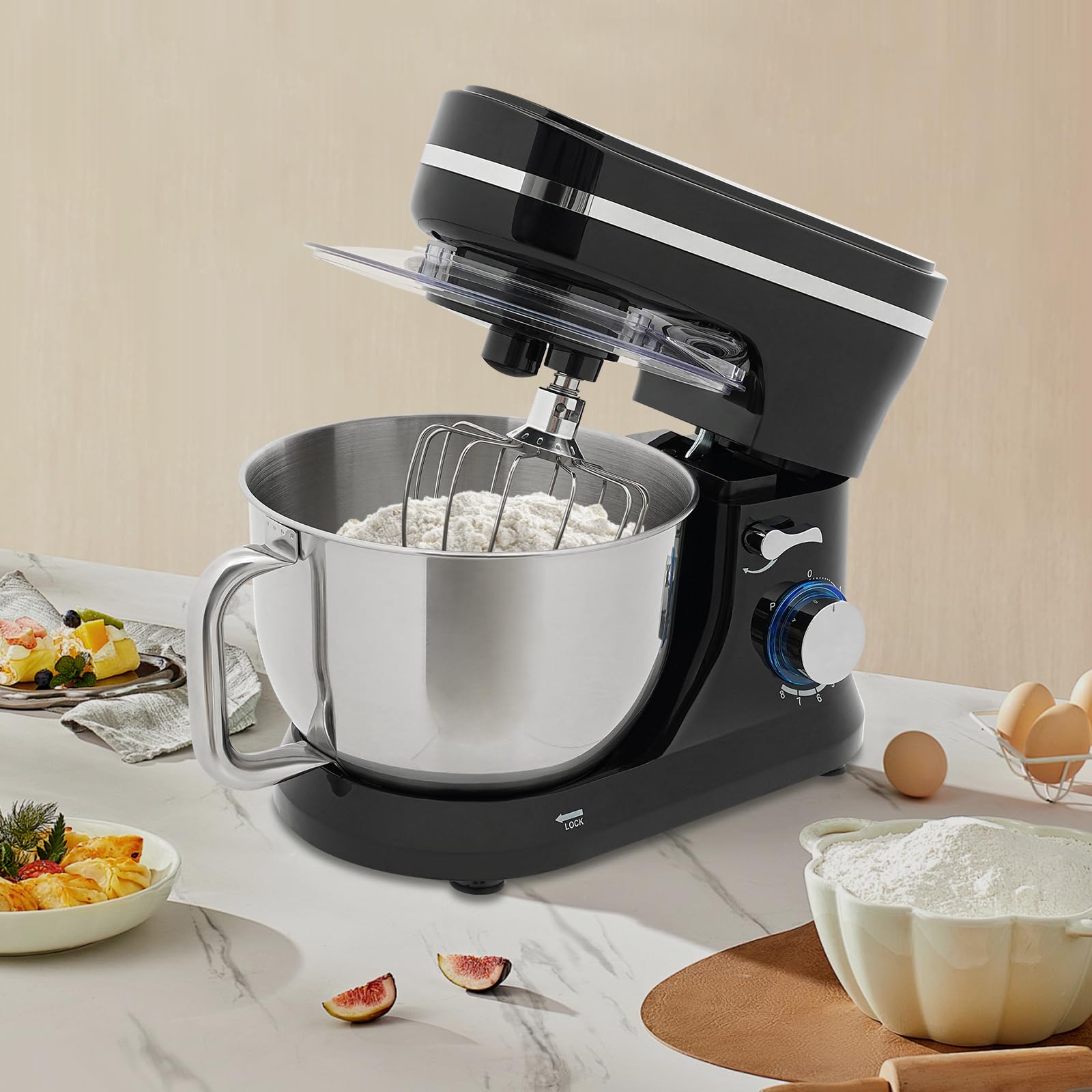 Batidora de cocina, grado alimenticio, acero inoxidable 304, 1,19 galones, 220 V, 1000 W, función de impulso, engranaje 8+1 con cubierta antisalpicaduras de 68 dB, para amasar masa, batir crema y