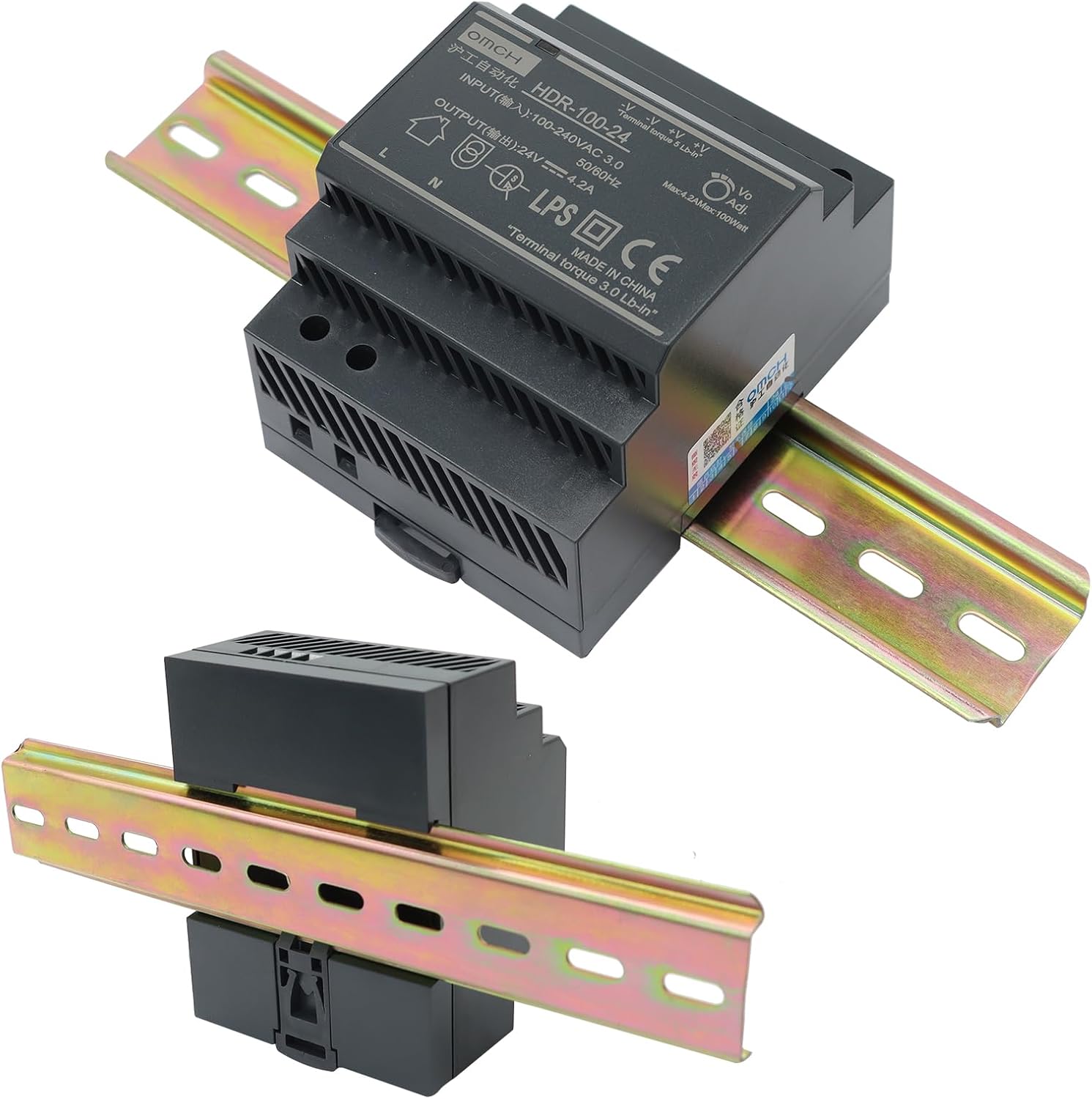 DIN Rail Power Supply 100W, OMCH HDR-100-24 24V 4.2A, Universal Input 100-240VAC, Ultra-Slim Industrial Switching Power Supply with LPS CE