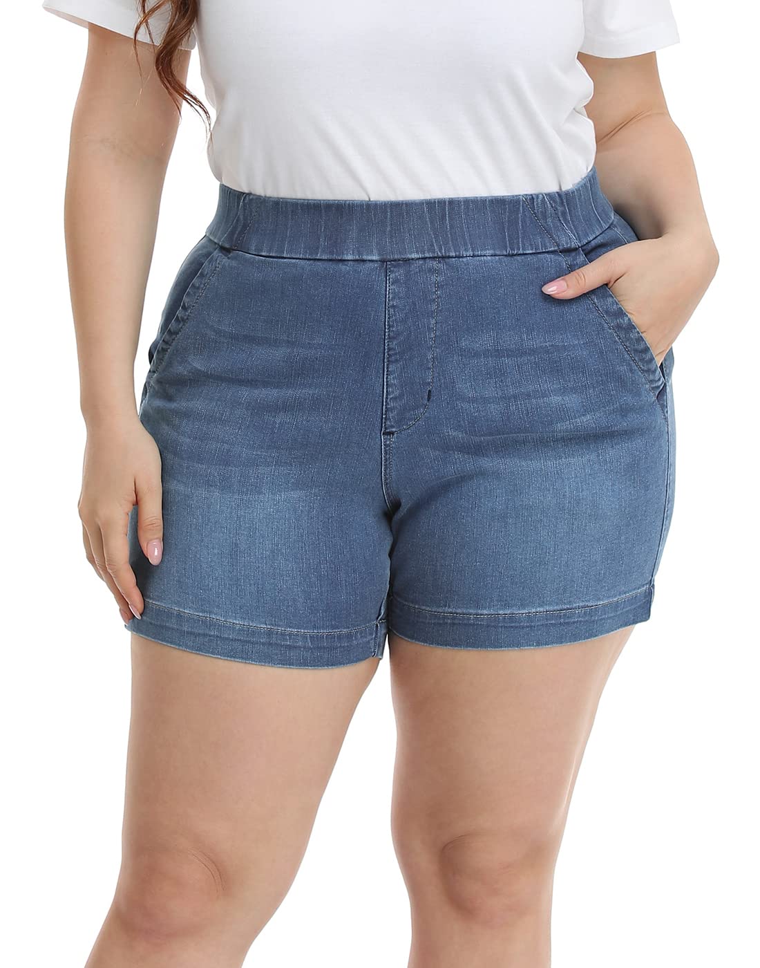Womens Plus Size Jean Shorts High Waisted Stretch Denim Pull