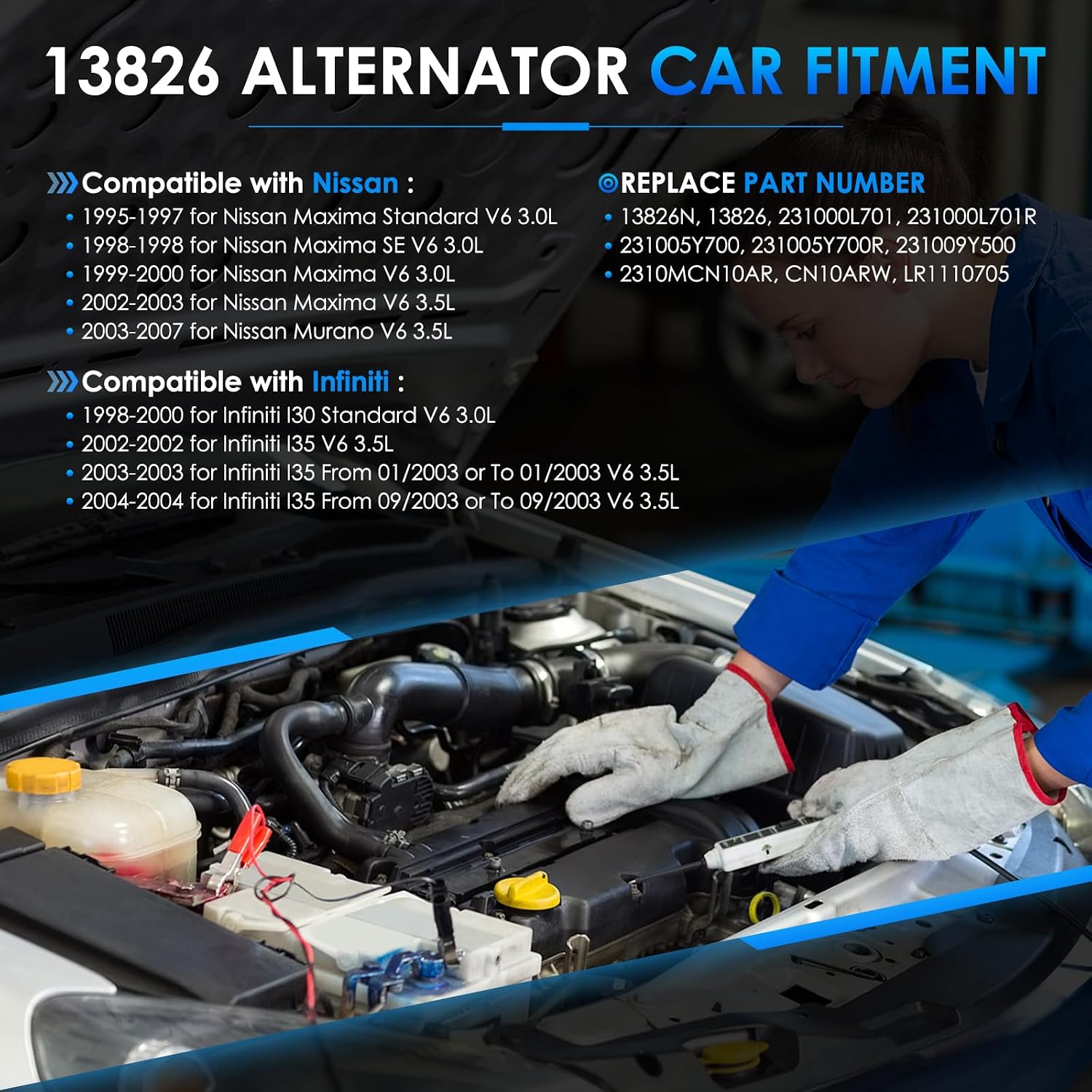 13826 Car Alternators Fit for Nissan Murano 2003-2007, Maxima 1995-2000/2002-2003, for Infiniti I30 1998-2000, I35 2002-2004 Automotive Replacement Alternator 231000L701, LR1110709, 231002Y90