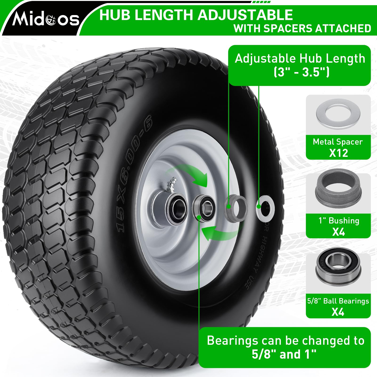 2 neumáticos y ruedas planas de 15 x 6.00-6, neumáticos de cortacésped NHS de 15 x 6-6 con cubo centrado de 3 pulgadas para cortacésped John Deere/Husqvarna/Craftsman, tractor de césped, con