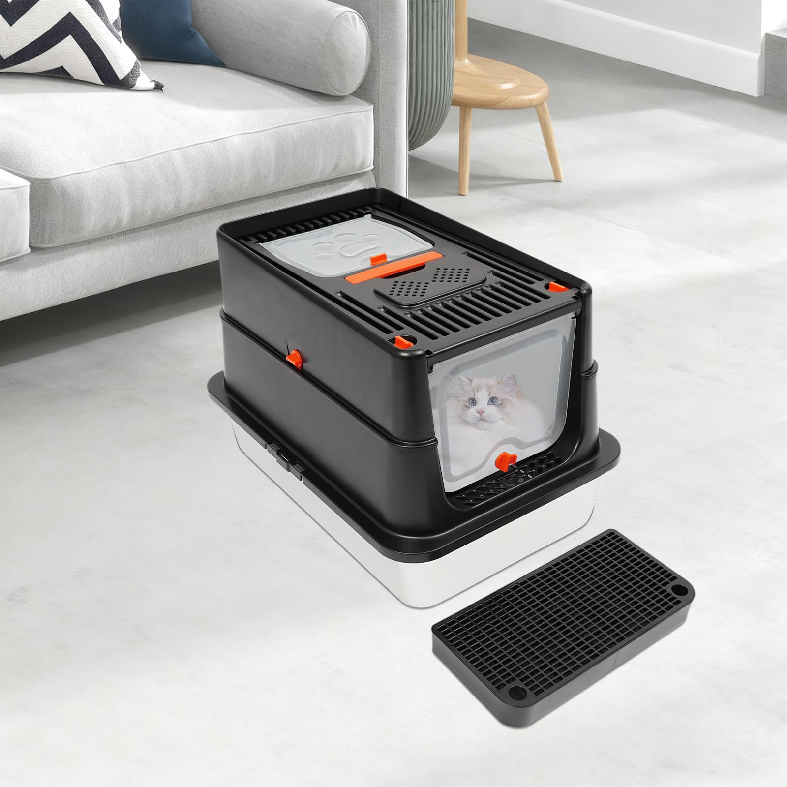 Caja de arena cerrada de acero inoxidable con tapa, caja de arena para gatos con pala, pedal de basura y almohadillas de agarre con apertura en forma de U, adecuado para gatos de hasta 15 kg (negro)