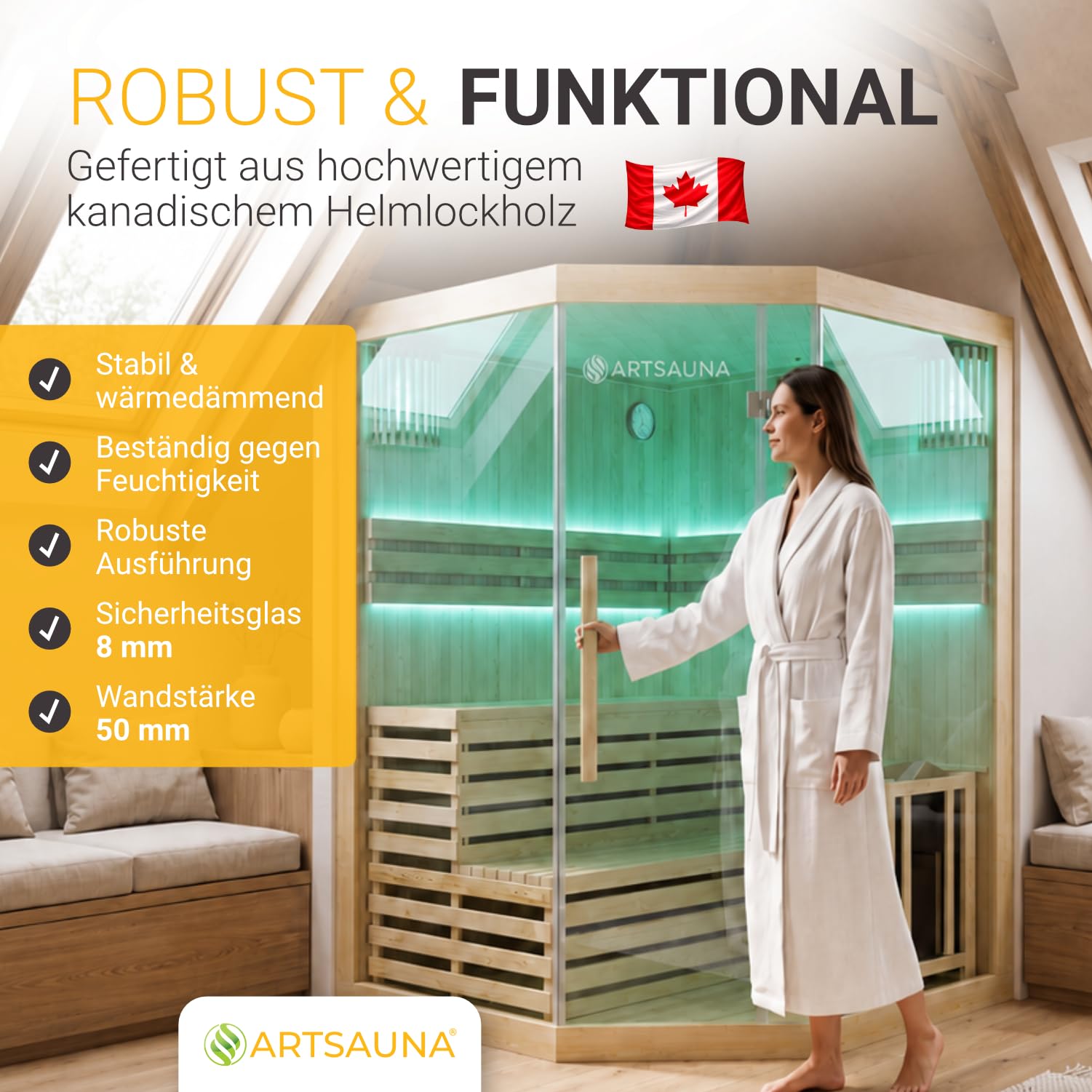 Artsauna Kabina do sauny Espoo150 Premium z piecem Harvia - 3 osoby - drewno hemlock, szklany front i światło LED - z termometrem i klepsydrą - kompletny zestaw