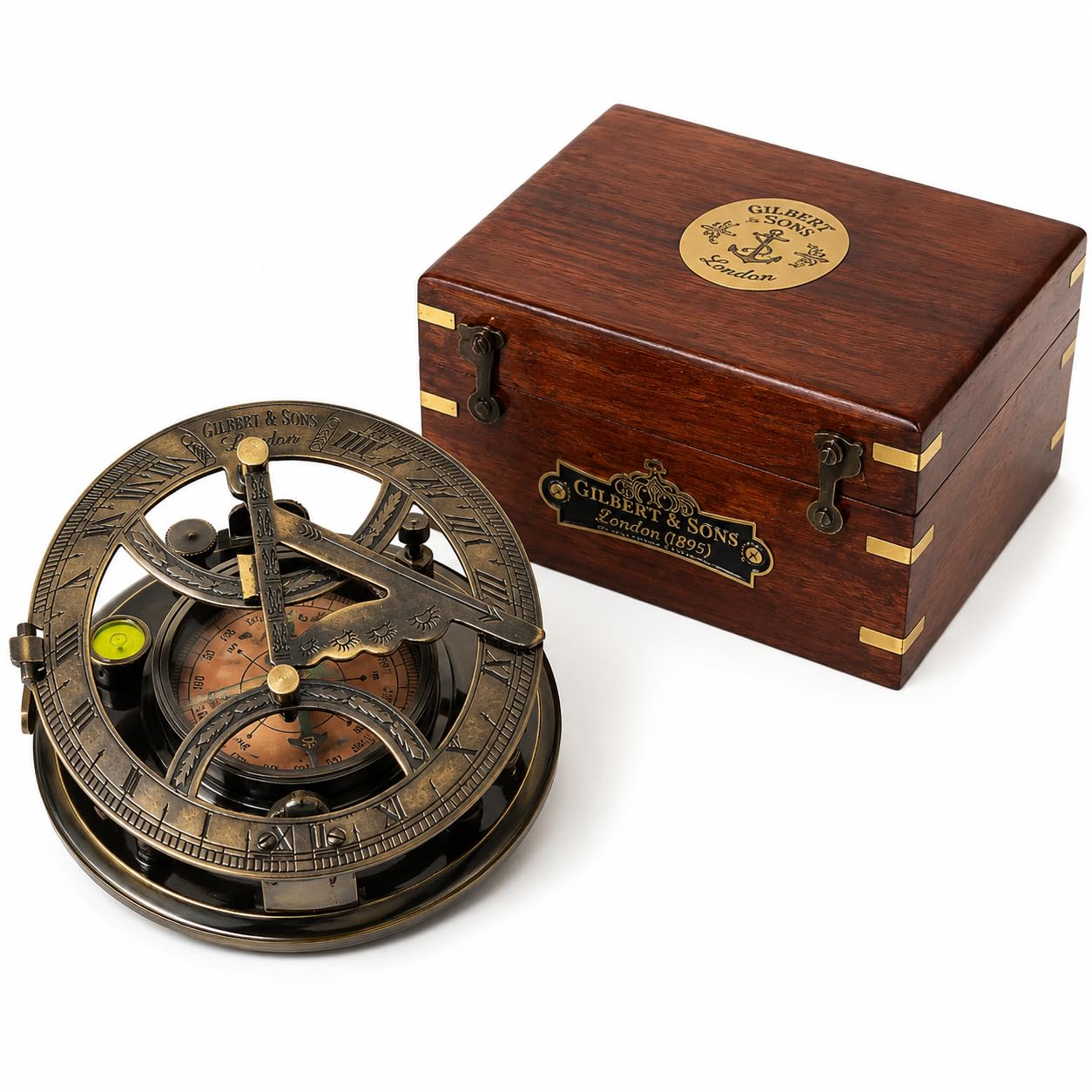 Vintage Sundial Compass with Wooden Case, Antique Maritime Navigation Tool, Decorative Brass Collectible for Office, Study & Display-picture-14