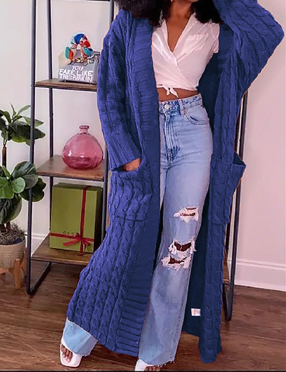 A ADILACA Women's Thin Type Stylish Cable Knit Cardigan with 2-Pockets, Women's Extra Long Ankle Length Sweater - Image 2