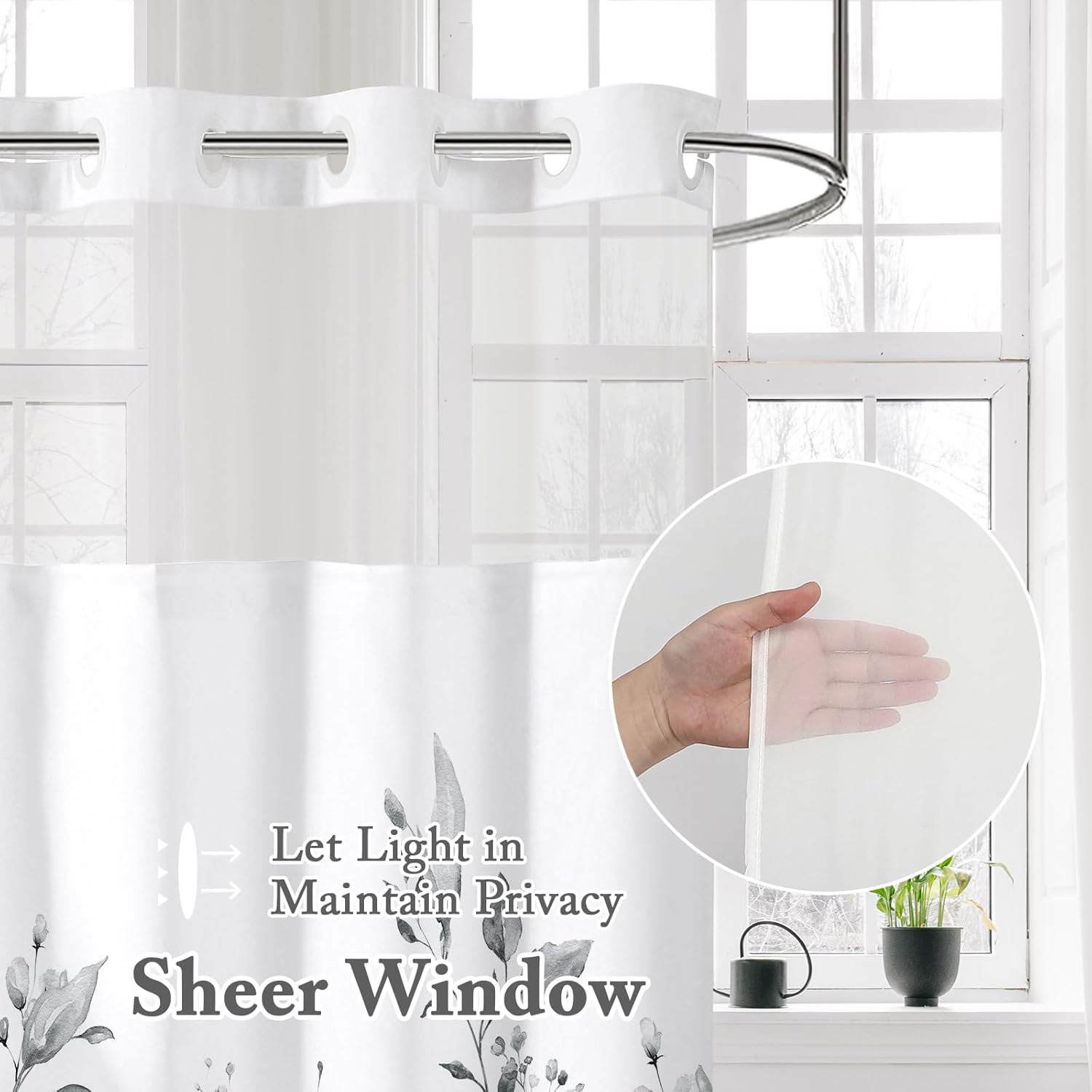 Gibelle No Hook Long Shower Curtain with Snap-in Fabric Liner Set - 72" x 80"(78"), Hotel Style Double Layers Grey Eucalyptus Leaves Shower Curtain with See Through Top Window