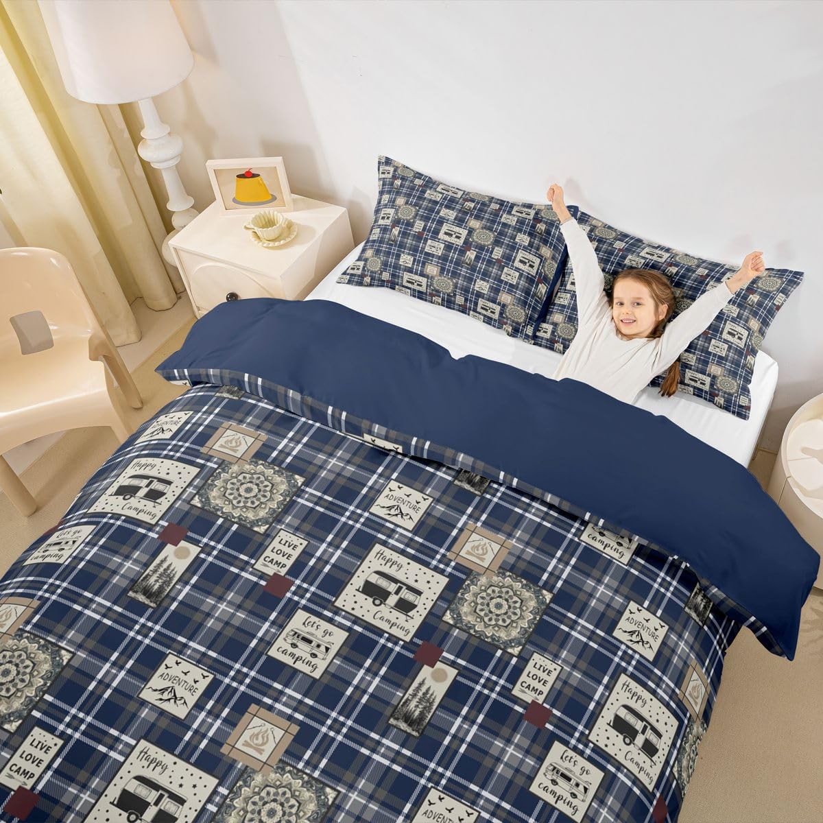 Buffalo Plaid Duvet Cover, Happy Camping Comforter Cover, Bohemian Mandala Floral Bedding Set, Camper Car Adventure Bedding Set for Travel Trailers, Cartoon Camper Quilt Cover, Blue White, Queen 3Pcs