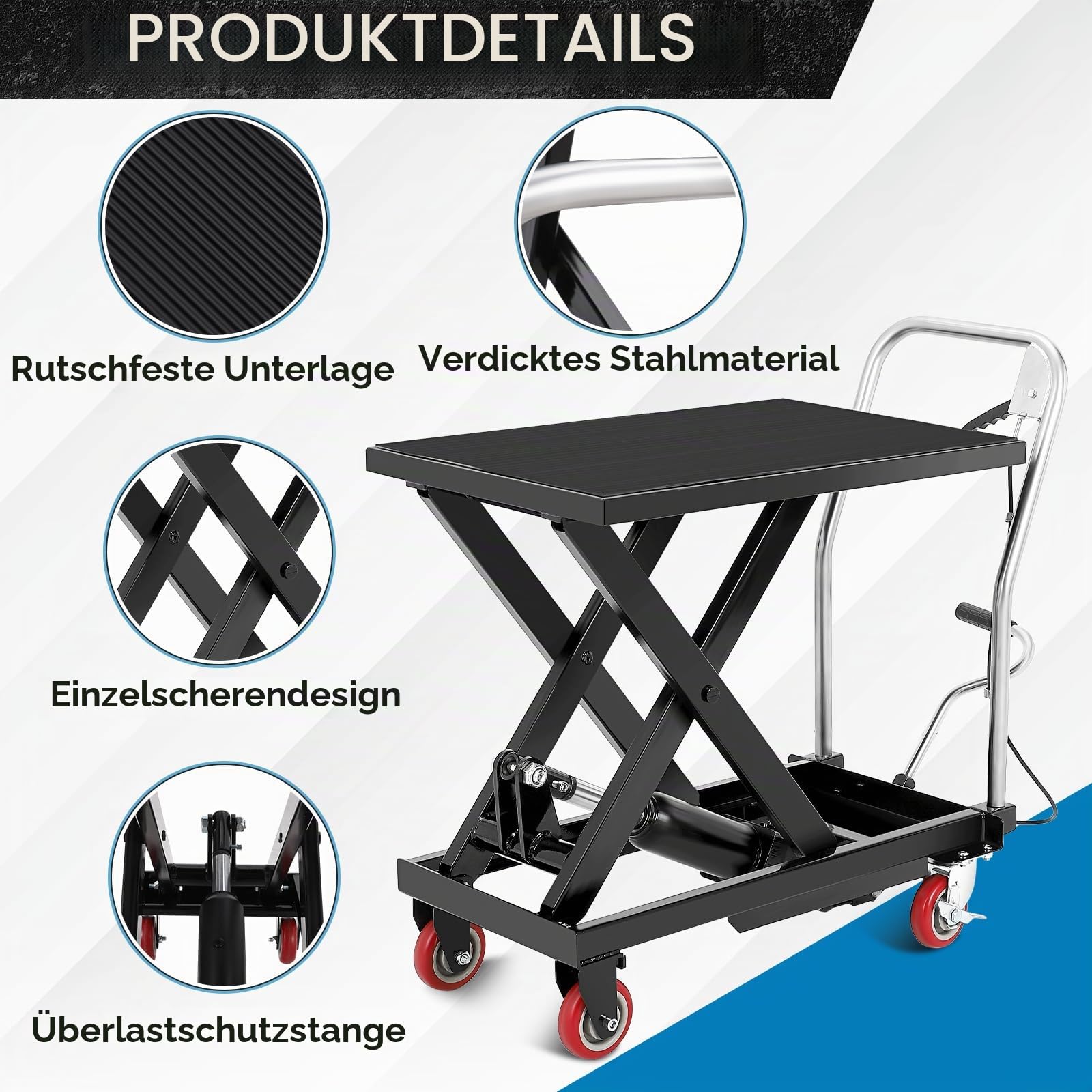 Hydraulischer Hubwagen 500 lbs/227kg Tragkraft - Mobiler Tischwagen mit Doppelscheren, Feststellbaren Lenkrollen & Sicherheitsverriegelung - inkl. Gummimatte