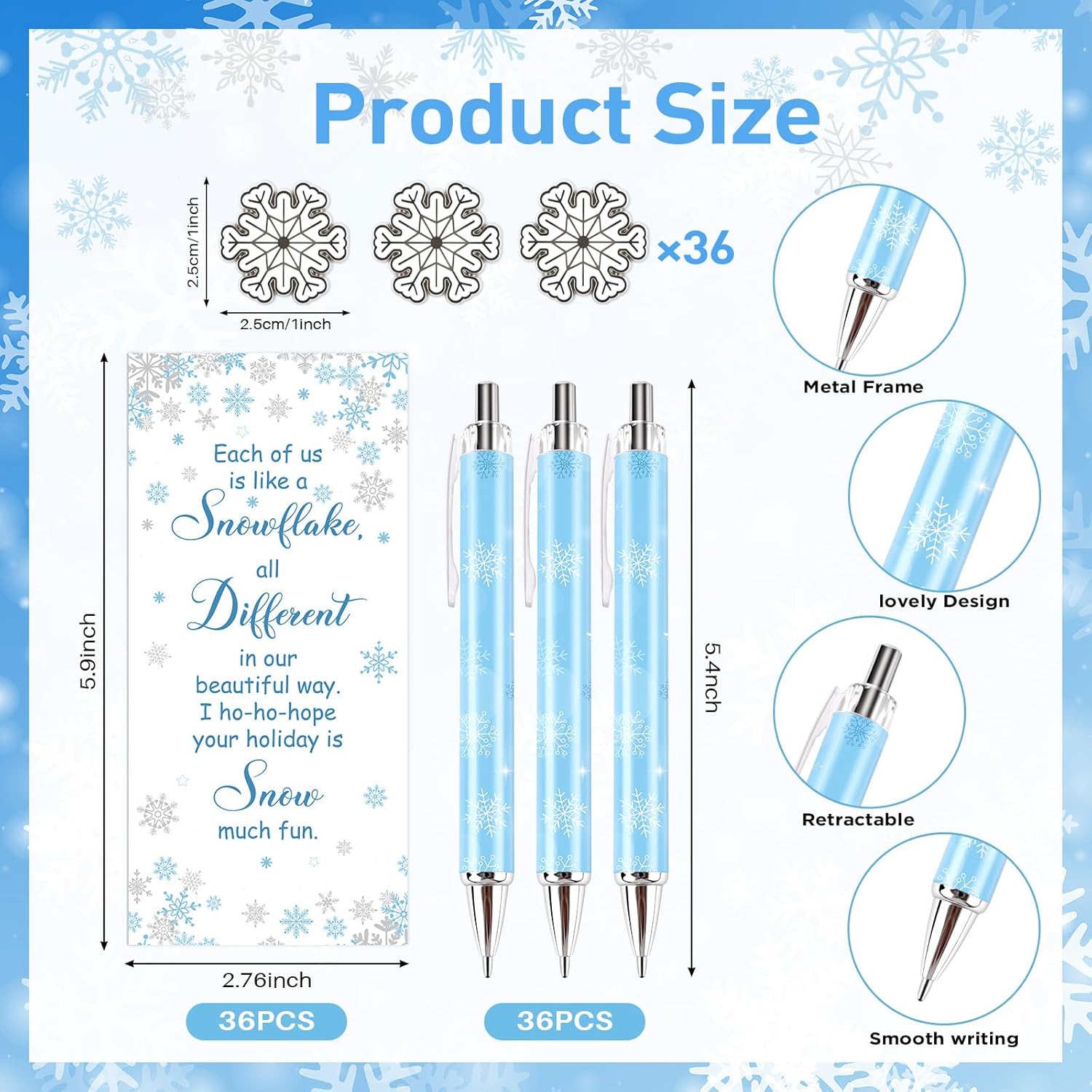 36 Sets Winter Gift Bulk Winter Pens Snowflake Pins with Organza Bags Information Card for Holiday Classroom Party Favor Adult School Office Supplies