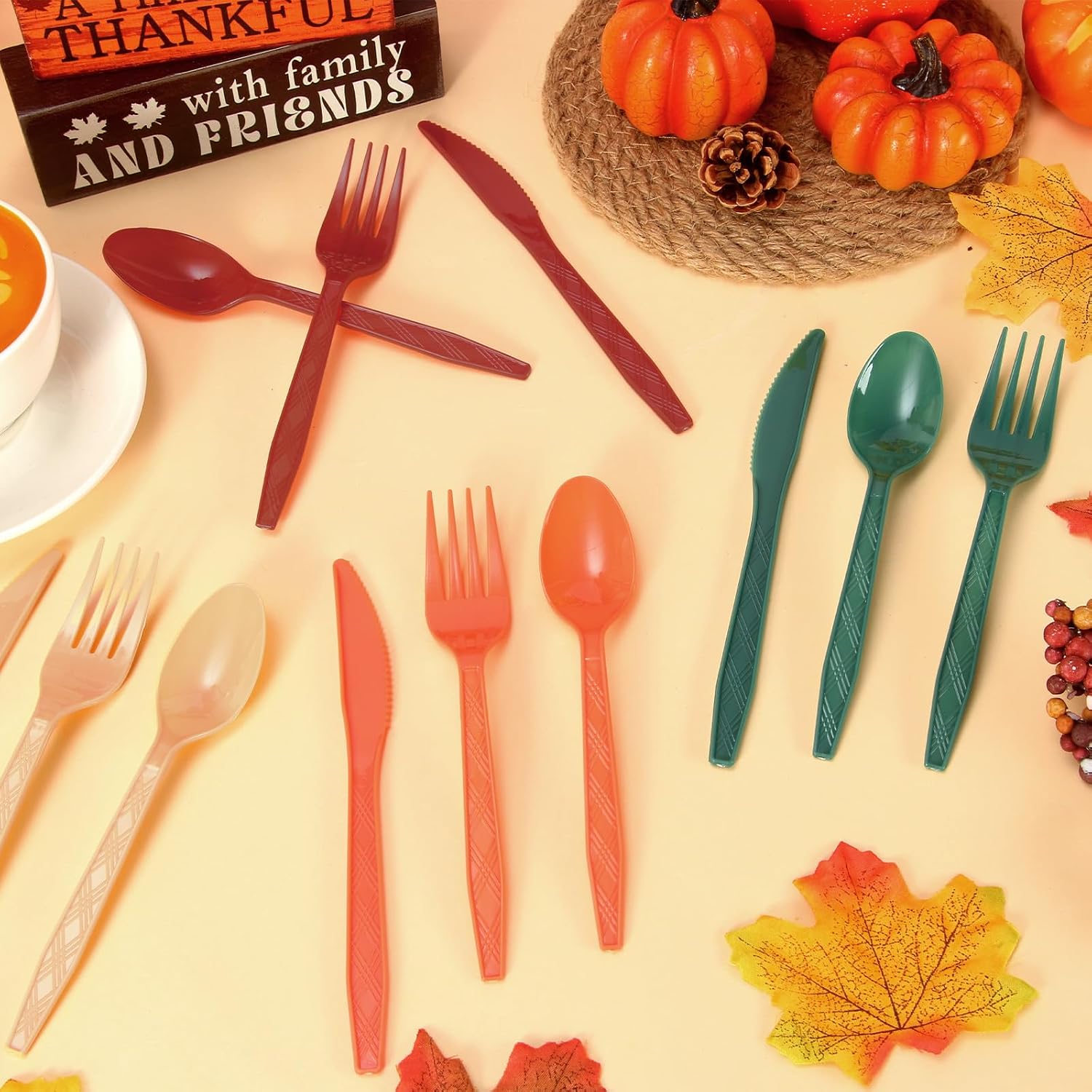 FYSUIMU 360Pcs Fall Plastic Silverware 6 Boho Autumn Colors Heavy Duty Disposable Cutlery Set Includes Forks Spoons Knives for Thanksgiving Wedding Birthday Party Utensil Supplies