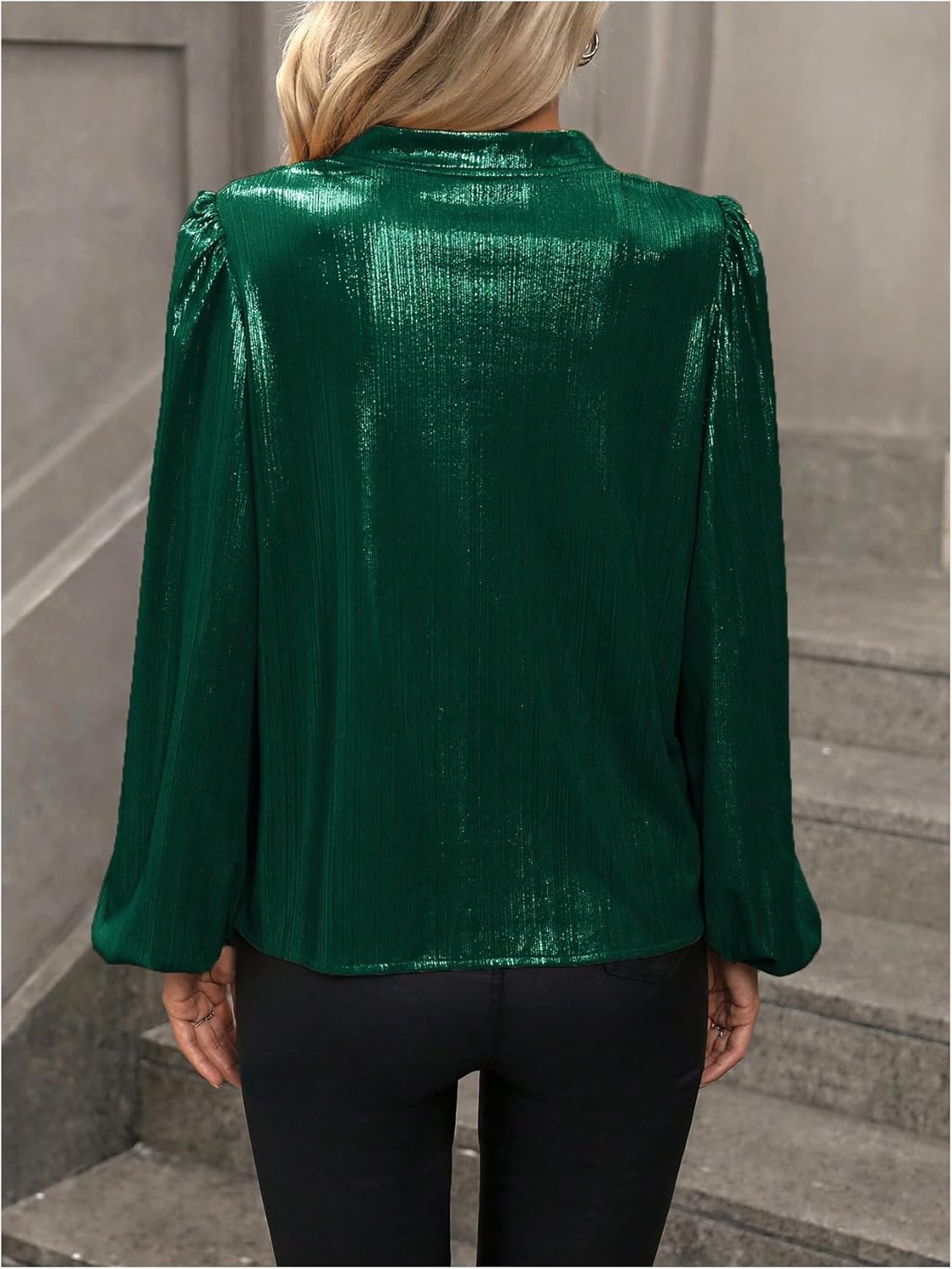 Floerns Women's Lantern Long Sleeve Notched Neck Metallic Party Blouse Top