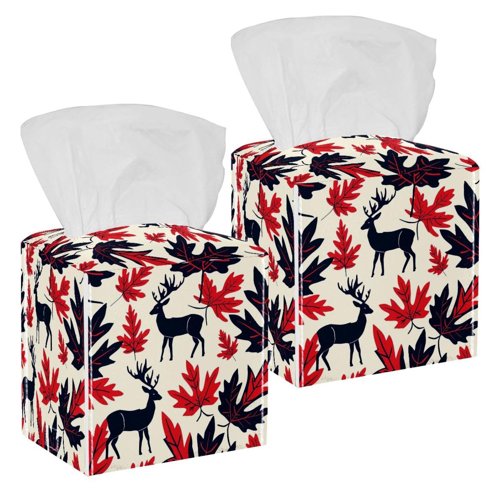 Deer Maple Leaf Tissue Box Cover, 2 Pack PU Leather Square Facial Tissue Dispenser Box holder for Home Office Car