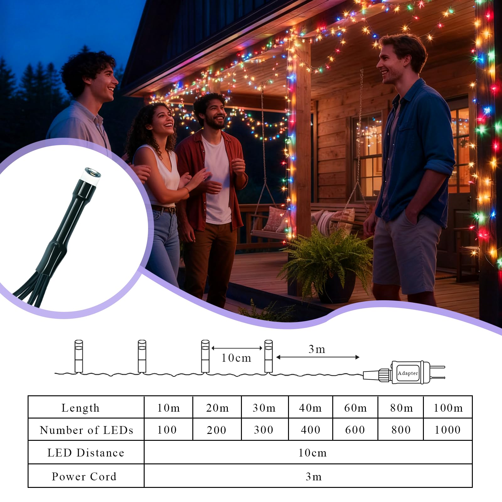 Guirlande Lumineuse Exterieure 100m 1000LED avec Prise, 8 Modes IP44 Étanche Minuterie Mémoire - Multicolore