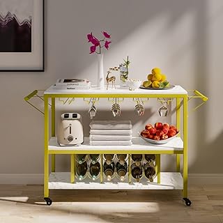 Gold Bar Cart with Wine Rack 3-Tier Bar Carts for The Home Liquor Cabinet Wine Cart Drink Cart Beverage Cart Rolling Bar C...
