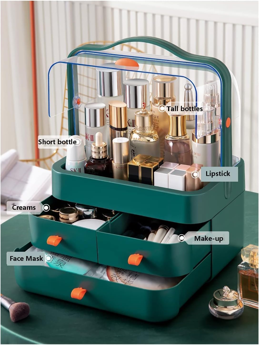 TONSYL Makeup Organizer, Waterproof Dust-proof Cosmetic Organizer Box with Lid Fully Open Display Boxes, Skincare Organizers Caddy Holder for Bathroom, Dresser, Counter-top Bedroom 2