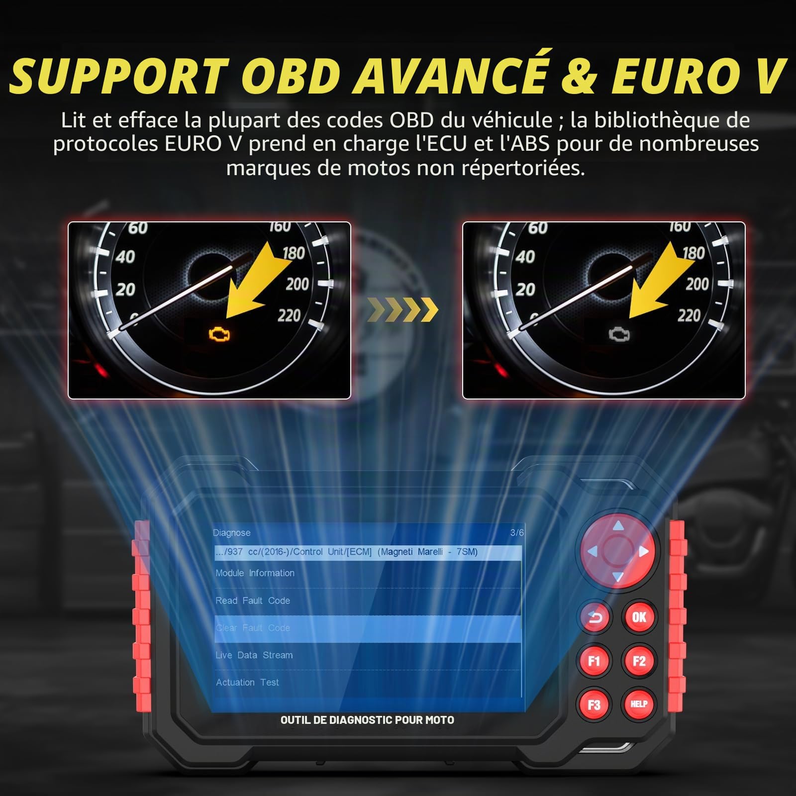 Scanner Diagnostic Moto multisystème écran 5" IPS données en Direct | Diagnostic ECM ABS TPMS IMMO, 19 langues, 70+ marques moto, 100+ fonctions service, reconnaissance VIN auto