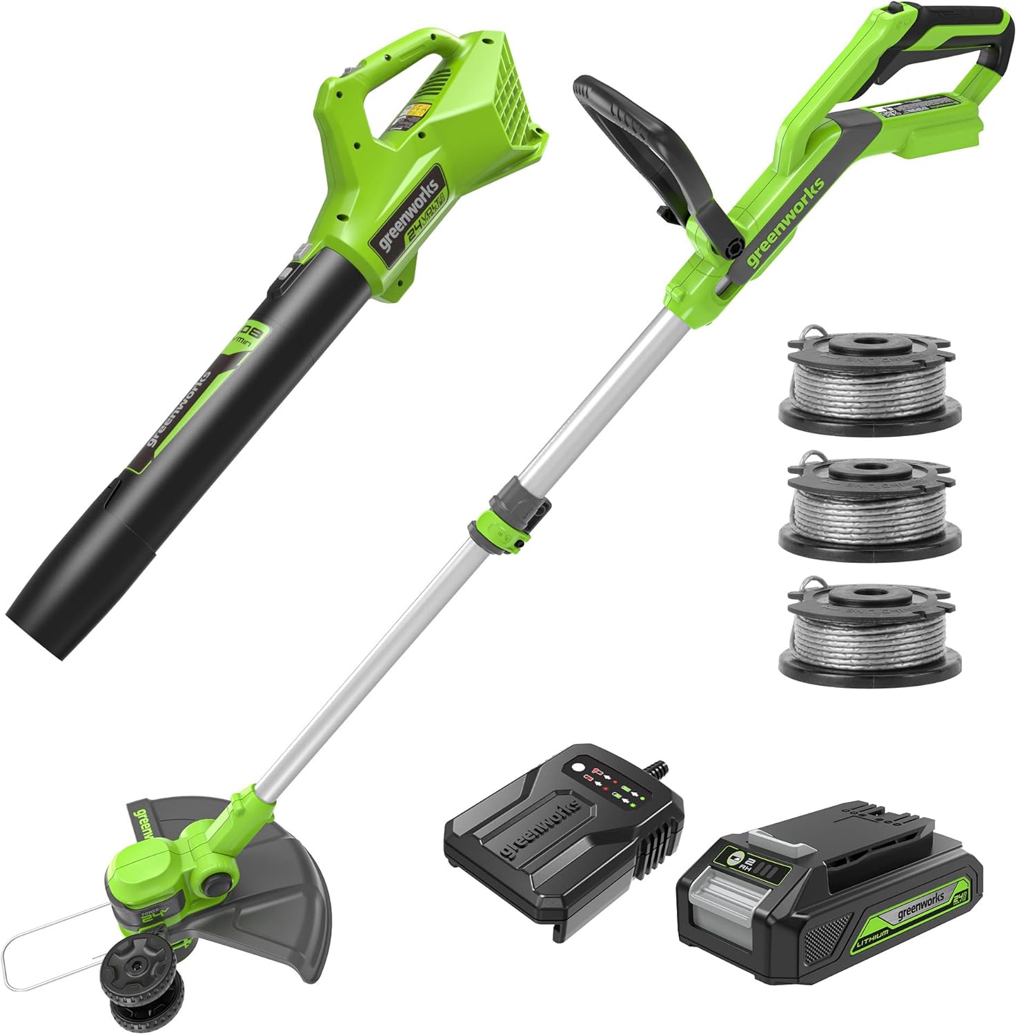 Greenworks 24V 12-Inch Cordless String Trimmer/Edger and Leaf Blower Combo Kit + 3 Bonus Spools, 2.0Ah Battery and Charger Included NEW 12" Trimmer + Blower + Spools (2.0Ah)