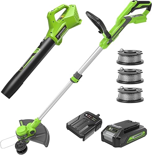 Greenworks Kit combinado de recortadorabordeadora y soplador de hojas inalámbrico de 24 V y 12 pulgadas + 3 carretes adicionales, batería de 2.0 Ah