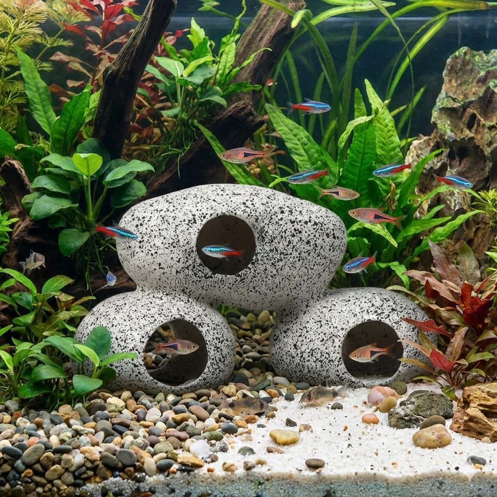 Mistletoe Cichlid Rock Cave Betta Hideout Resin Aquarium Decoration Caves Small Fish Shelter Stone Hideaway Resin Fish Tank Accessories Ornaments for Crayfish Aquatic Breed Rest Play (White)