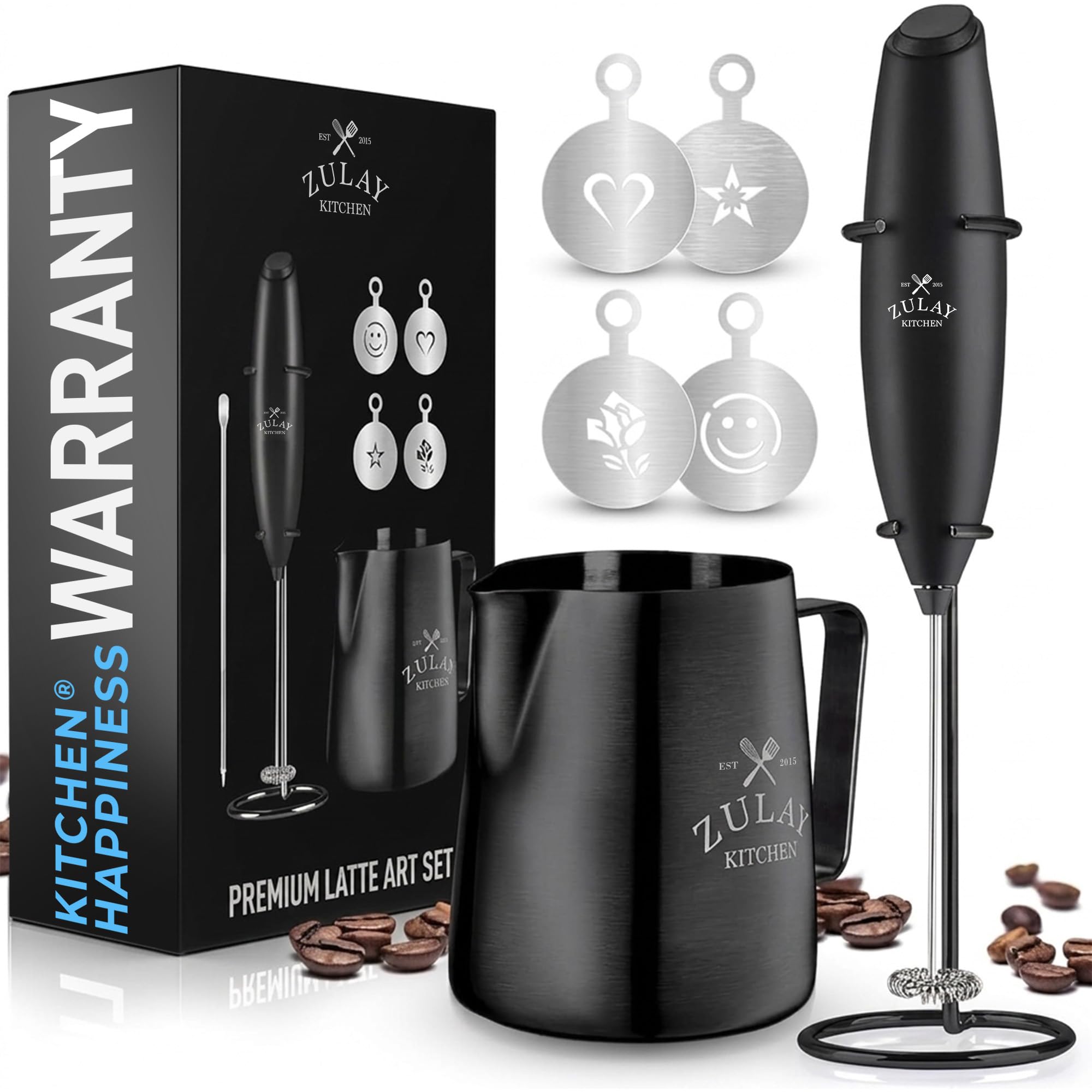 Zulay Premium Gift Milk Frother Set – Handheld Coffee Frother with Stand, 12oz/350ml Frothing Pitcher + 4 Latte Art Stencils – 13,000 RPM Motor, SS Whisk, Battery Operated – Barista Kit (Exec Black)