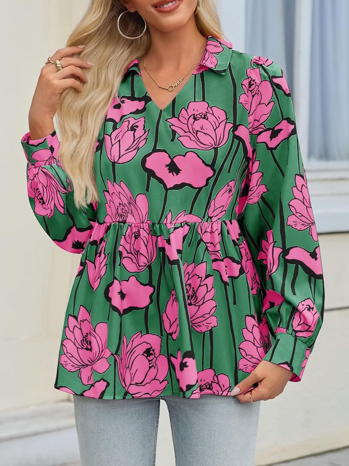 Tankaneo Womens Floral Print Babydoll Blouse Long Lantern Sleeve Peplum Tops Casual V Neck Flowy Boho Shirts - Image 2