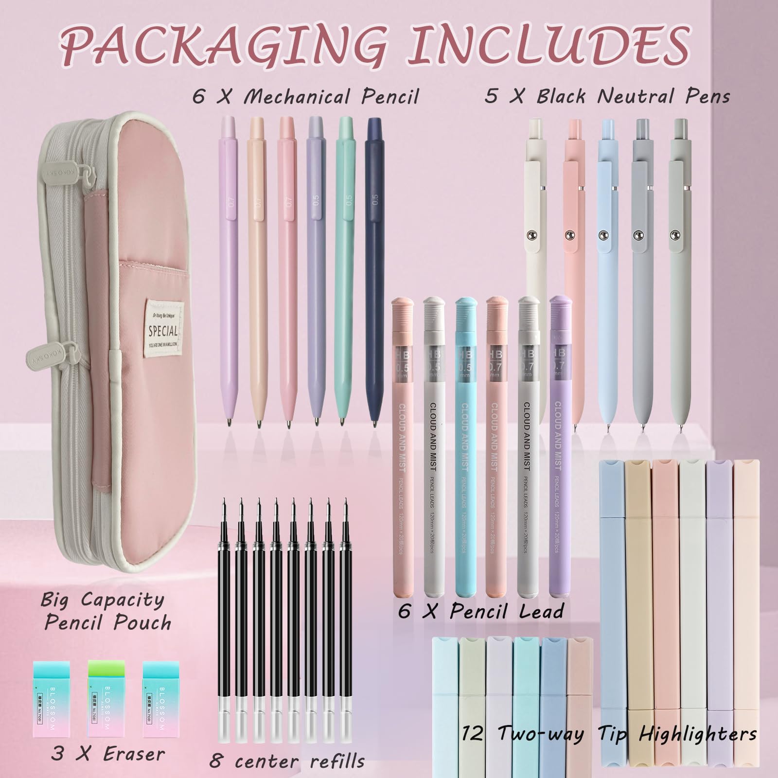 Ästhetisches Schulzubehör mit niedlichem Federmäppchen, 5 Gelstifte, 12 Pastell-Textmarker, 6 Druckbleistifte, 0,5 und 0,7 mm, für Schulbedarf, Pink, 41-teilig