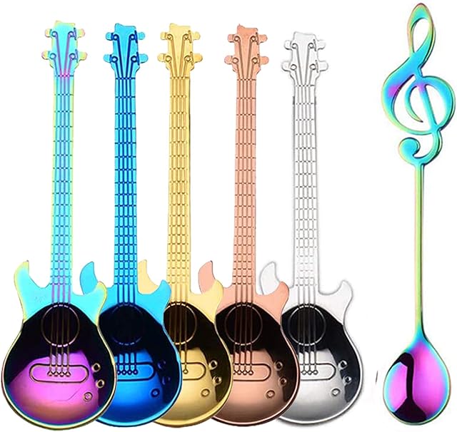 Guitar Spoons Coffee Music Note Teaspoon, ESRISE Musical Coffee Gifts for Men, Stainless Steel Cute Tea Spoons (Multi-6 Music)