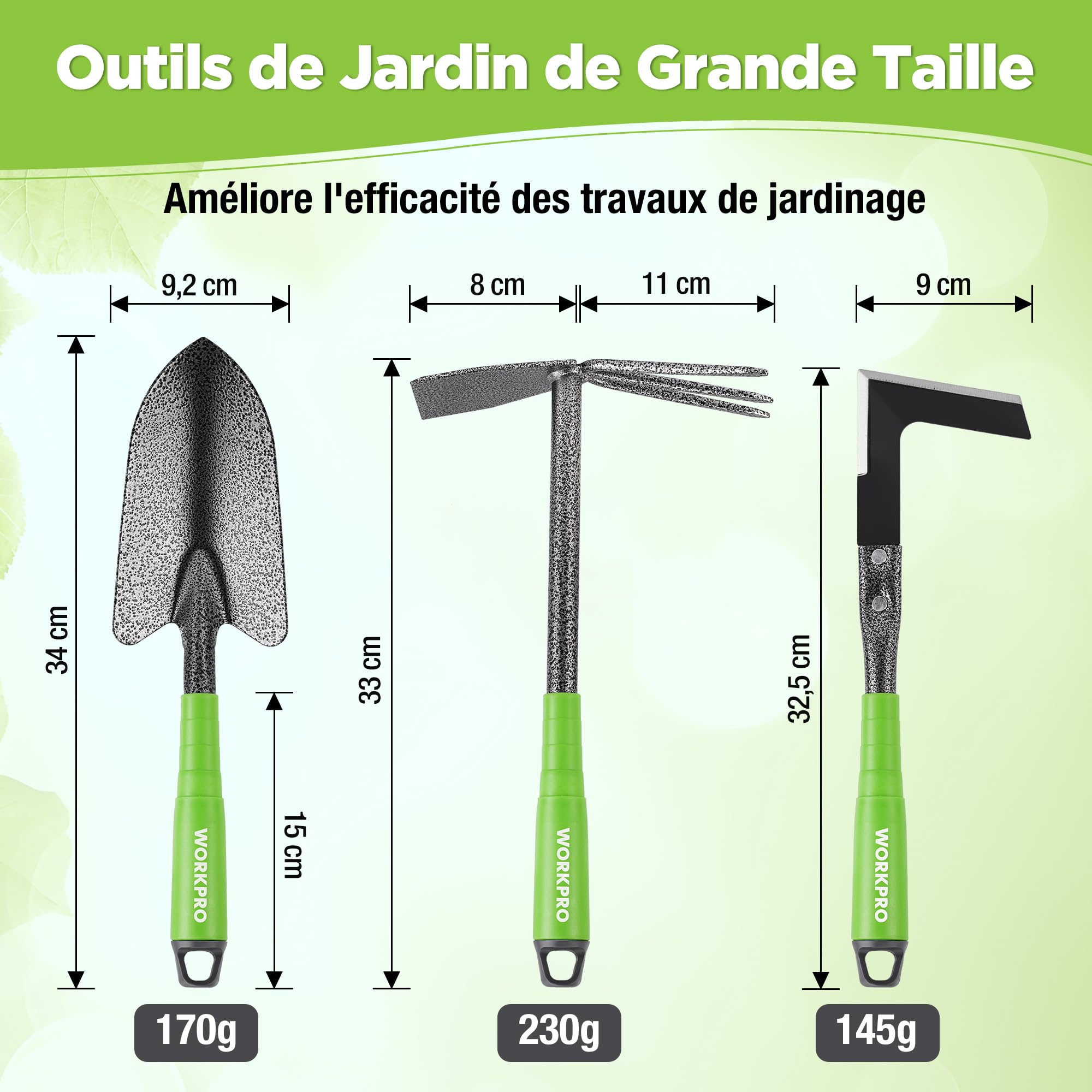 WORKPRO Outils de Jardinage 6 Pièces, Kit d'outils de Jardin en Acier Inoxydable avec Houe 2-en-1, Treulle, Râteaux, Couteau Désherbeur, Finition Martelée, pour Taille et Entretien, Cadeaux de Jardin