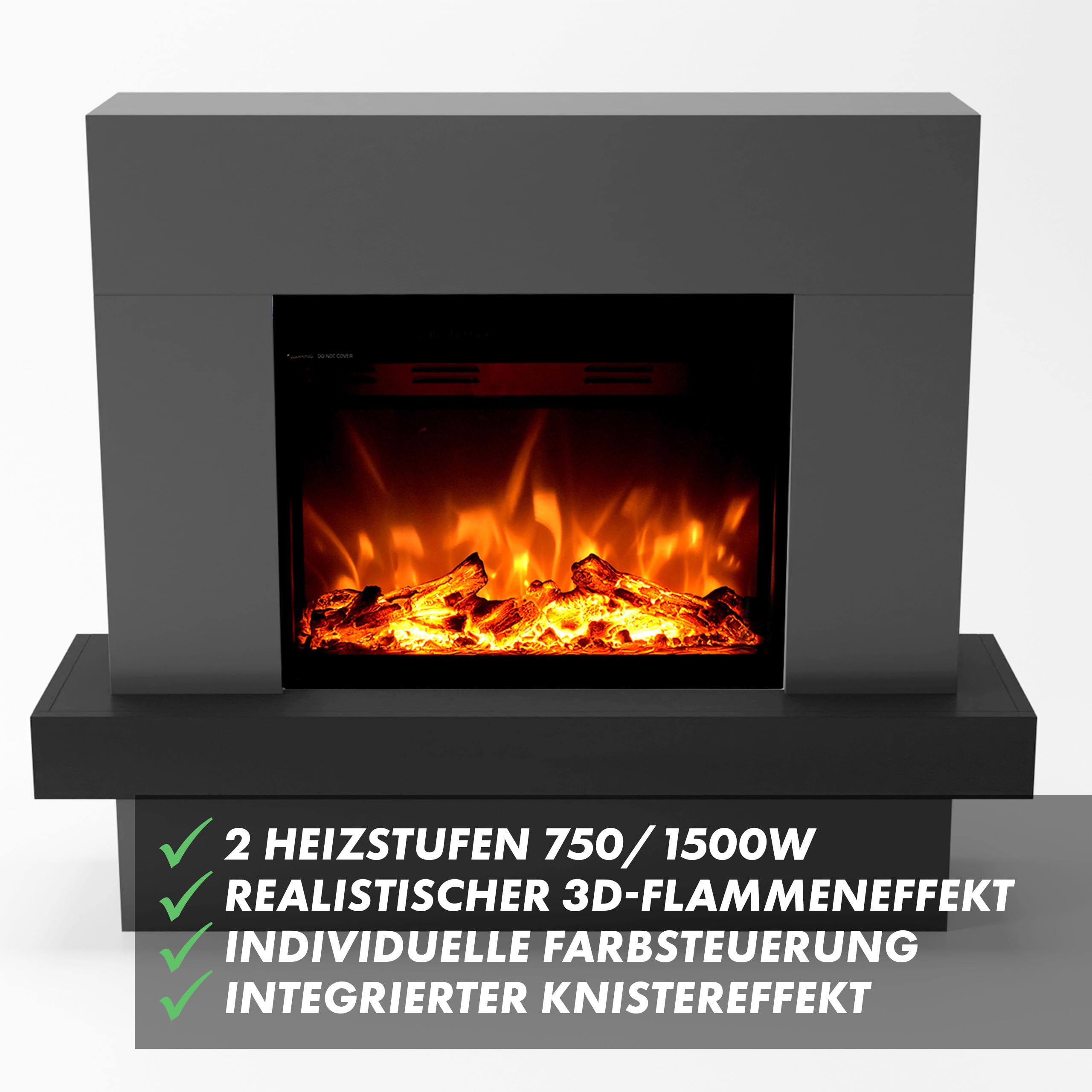 GLOW FIRE Wolnostojący kominek PANDORA Elektryczny z ogrzewaniem, płomień LED w 3 kolorach, nawiew, dekoracja drewniana, pilot, 114x97x32 cm, Szary