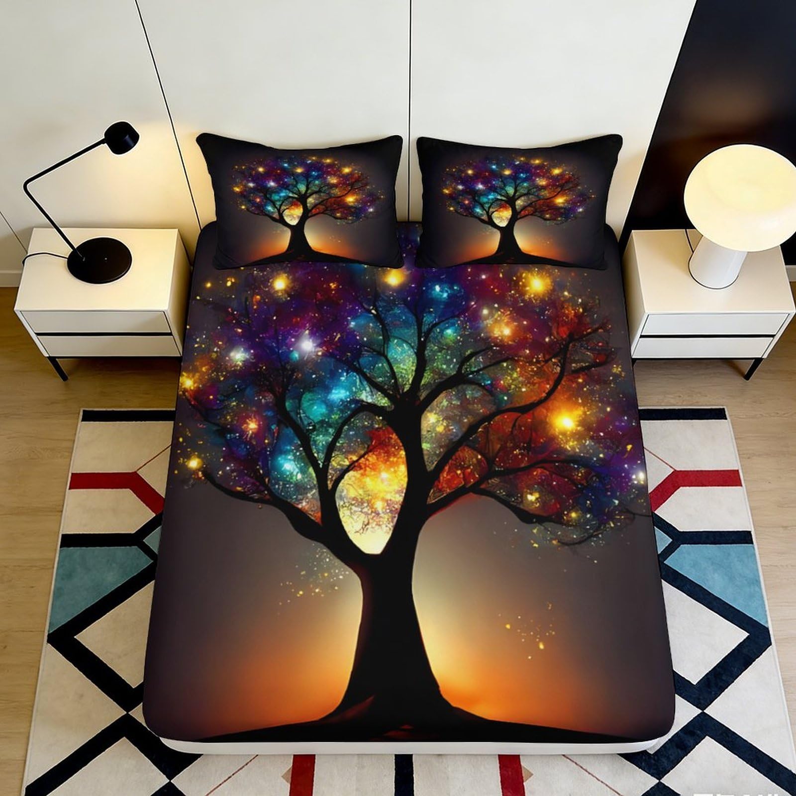 Pnayamiorkfel Style-4 3D Printed Colorful Tree Fitted Sheet Microfiber Soft Artistic Night Sky Bed Cover For Bedroom Dorm Mattress Protection Decor 90X200x25cm