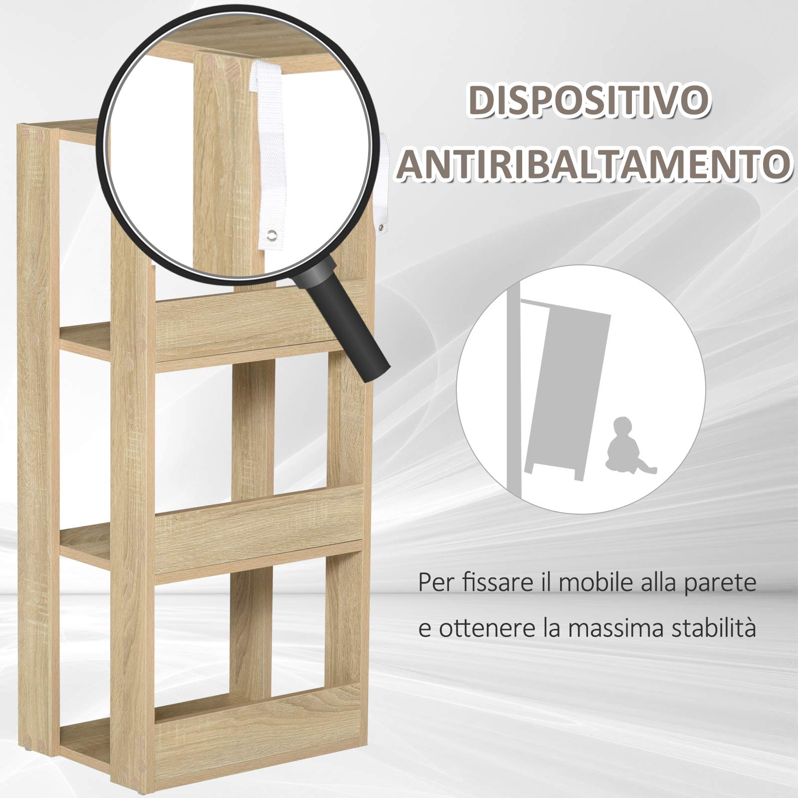 HOMCOM Libreria Scaffale in Legno a Parete con 3 Ripiani, Antiribaltamento, Piedini Antiscivolo, 40x29.2x87.9cm