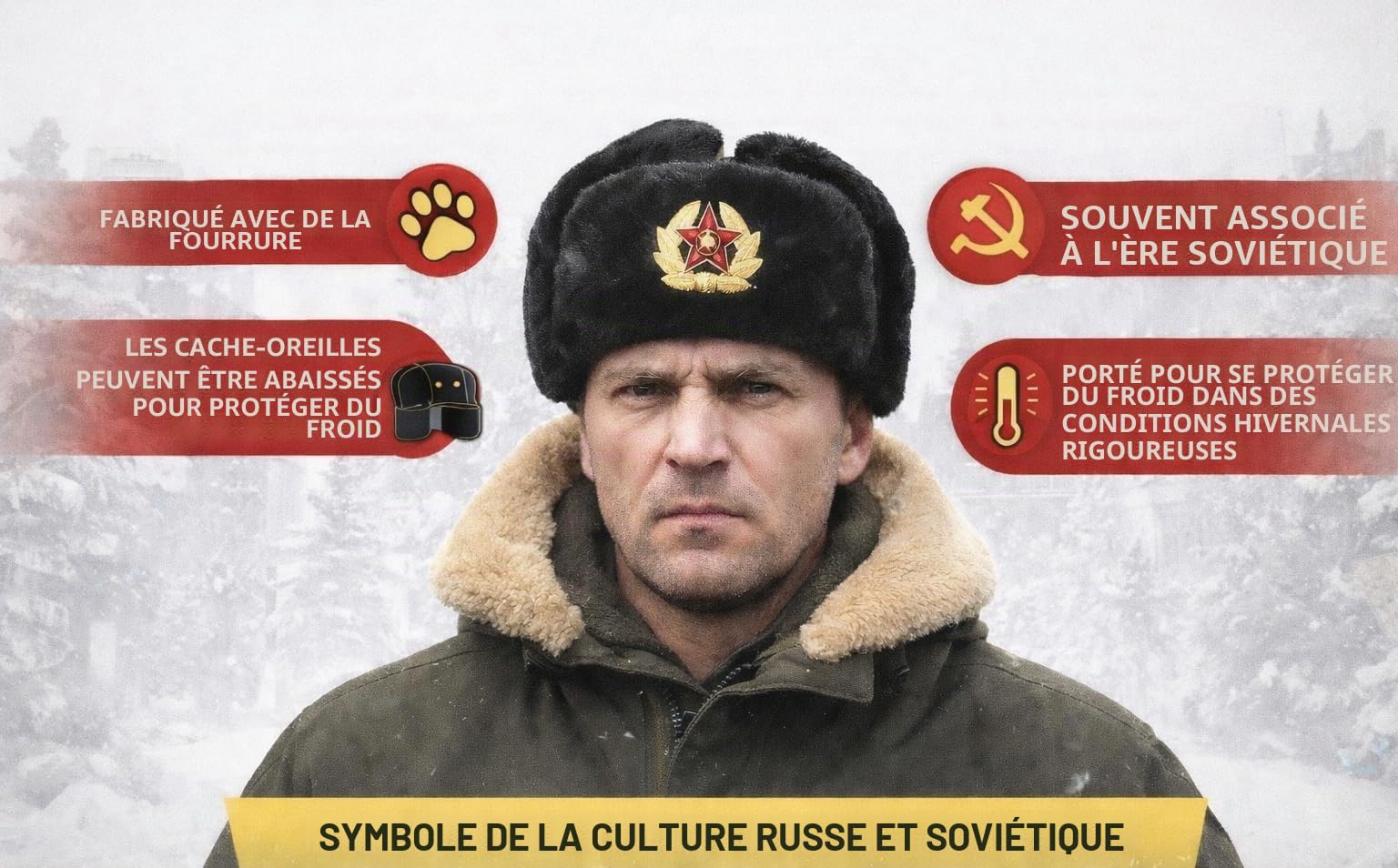 Chapeau de trappeur russe pour homme - Chapeau chaud d'hiver avec badge soviétique unisexe en fausse fourrure - Chapeau d'hiver unisexe