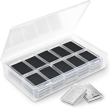 1 oz Silver Bar Case Holder, 40Pcs Individual Clear Rectangle Capsules with 1 Pack Acrylic Storage Box Container for 1 Ounce Silver Gold Bars Storage Collection