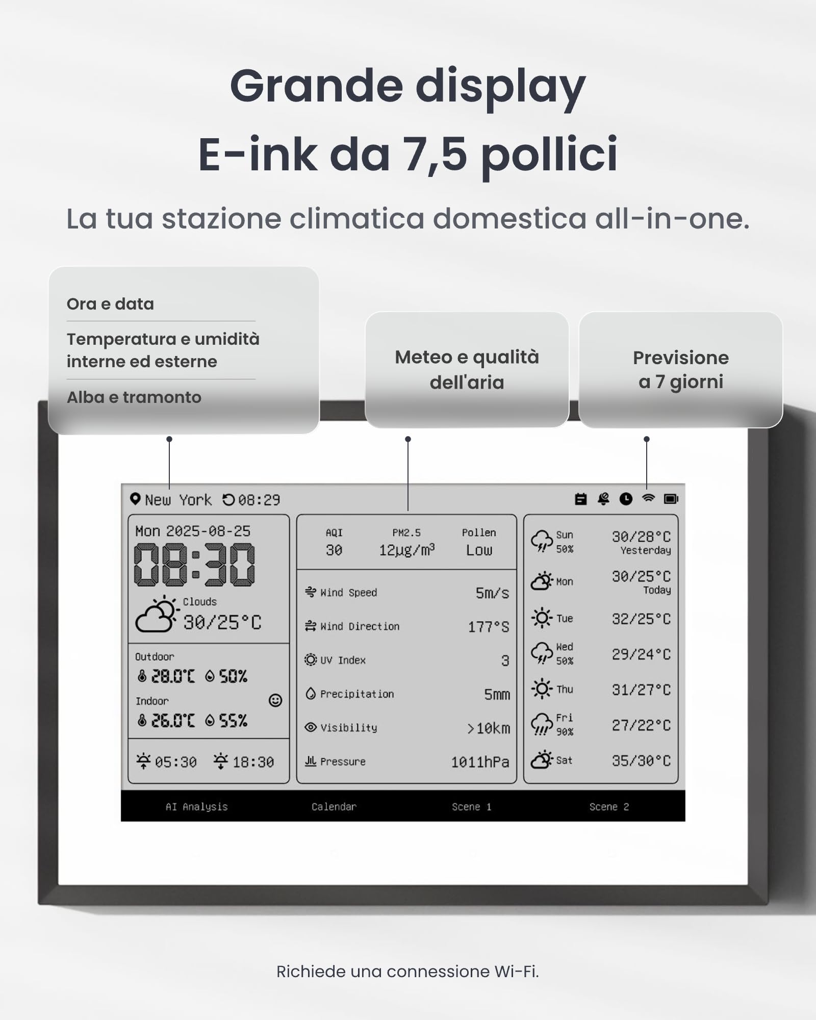 SwitchBot Stazione meteo intelligente, monitor wireless da 7,5", per temperatura interna/esterna e umidità con calendario elettronico, compatibile con Google, iCloud, Outlook, Yahoo