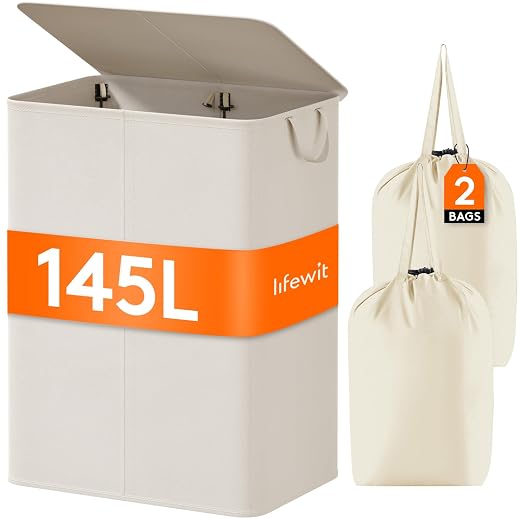 Lifewit 145L Laundry Basket with Lid, Large Double Laundry Hamper 2 Section Dirty Clothes Hamper for Bedroom with 2 Removable Laundry Bags, White
