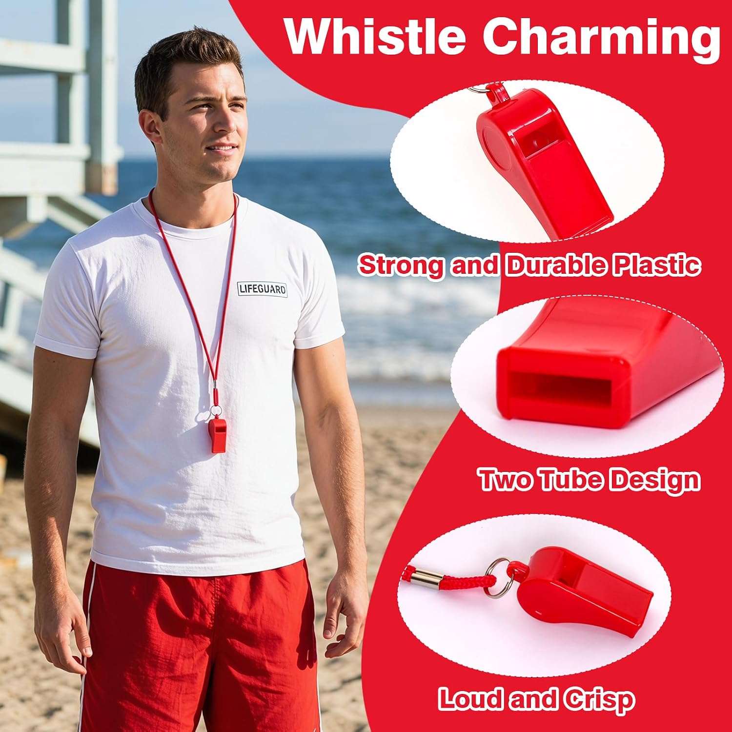 12PCS Red Emergency Whistles with Lanyard Loud Sound Plastic Whistles Bulk for Outdoor Sports Lifeguard Self Defense and Emergencies