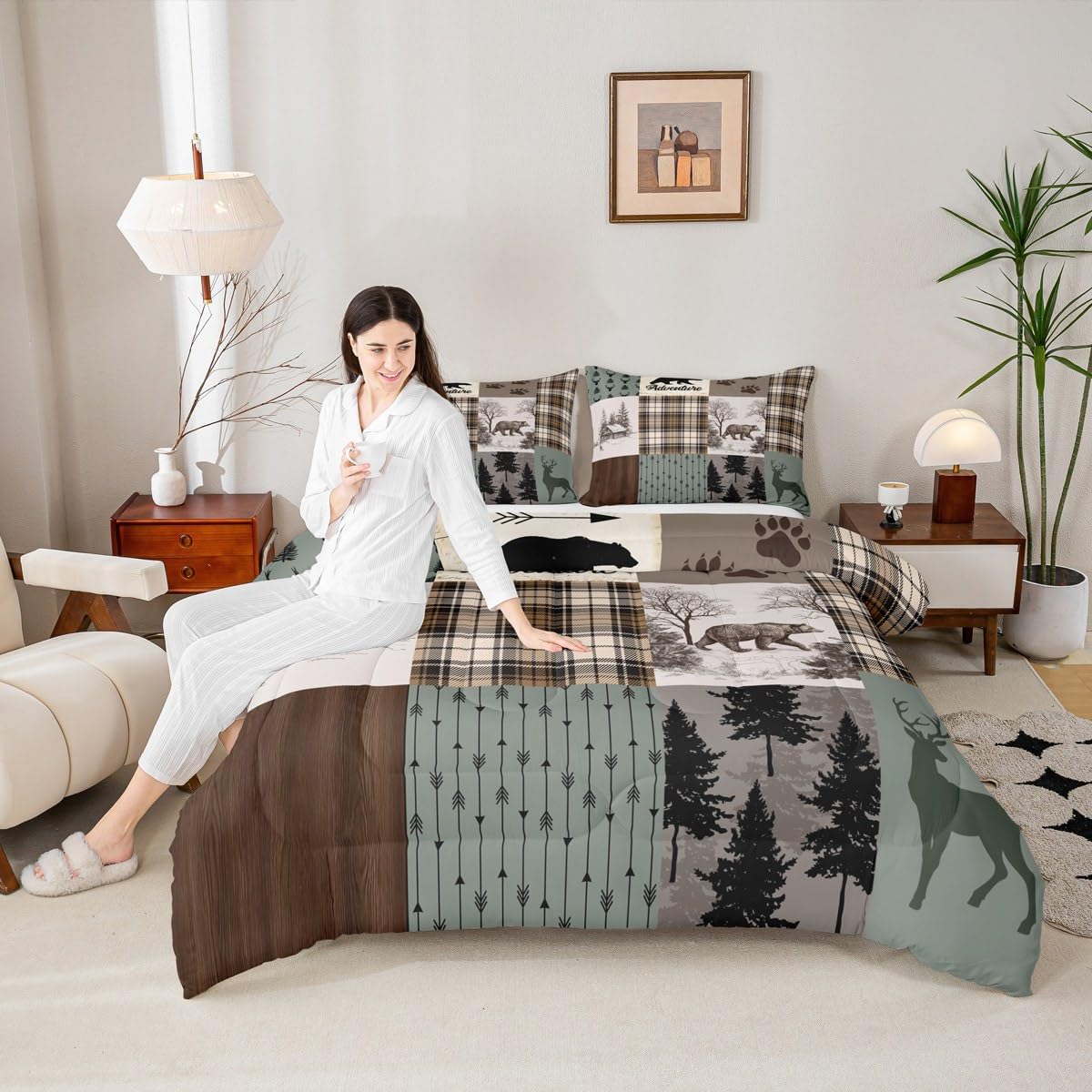 Rustic Farmhouse Kids Comforter Set Twin Size,Deer Antlers Bear Animal Paws Plaids Patchwork Bedding Set for Boys Girls Room Decor,Pine Trees Arrows Down Comforter,Xmas Duvet Insert,1 Pillowcase