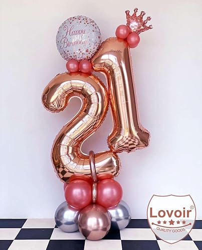 Miniatura 3 de Lovoir Globo de oro rosa de 40 pulgadas con el número 12 de 21 dígitos gigantes de papel de aluminio Mylar para helio de 12 cumpleaños y 21 años,
