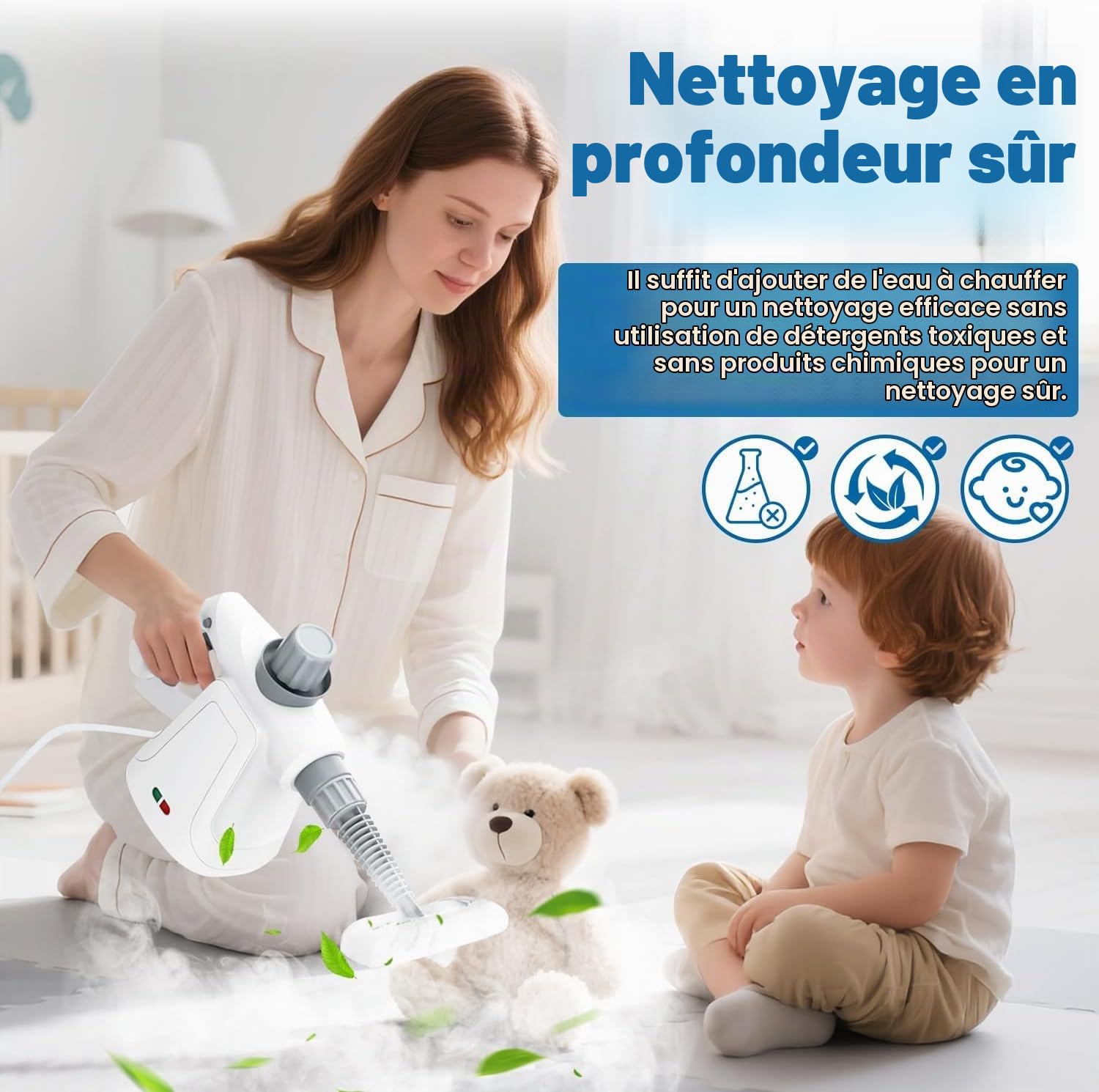 Nettoyeurs Vapeur électriques Portable Nettoyeur Vaporisateur Appareil Vapeur a Main Haute Pression Professionnel Cuisine, Salle de Bain, Voiture, Vitre, Joint Carrelage, 1050W, 3.2 Bar 400ml