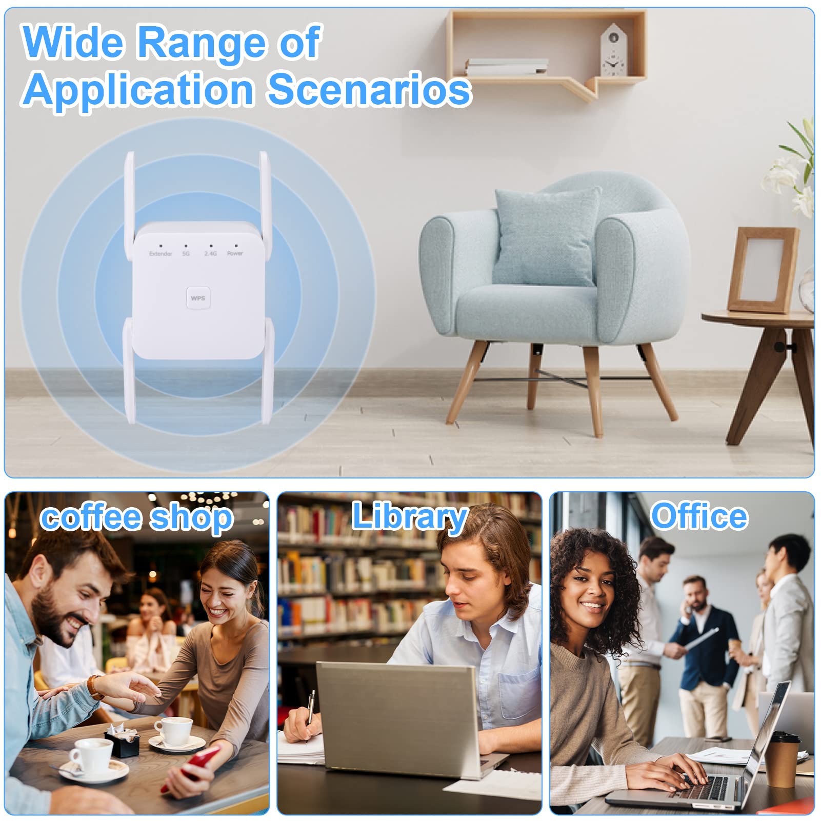 WLAN Repeater, 1200Mbit/s WLAN Verstärker Dual-Band 5GHz/2.4GHz mit Ethernet-Port, WiFi Booster mit Repeater/Router/Access Point Modus, 4 Antennen WiFi Range Extender, kompatibel zu Allen WLAN Routern