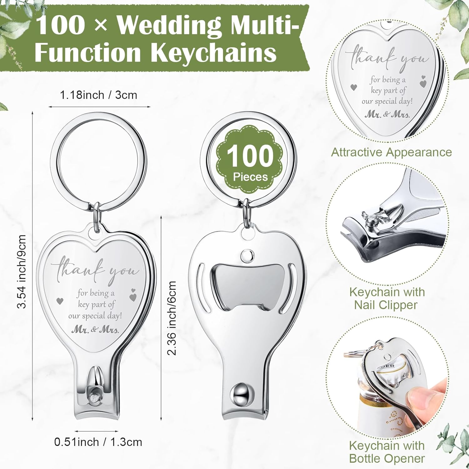 Pickmesh 100 Sets Wedding Souvenir for Guests Heart Multi Function Bottle Opener Nail Clipper with Thank You Cards White Organza Bags Wedding Party Supplies Bridal Shower Gift (Thank You)